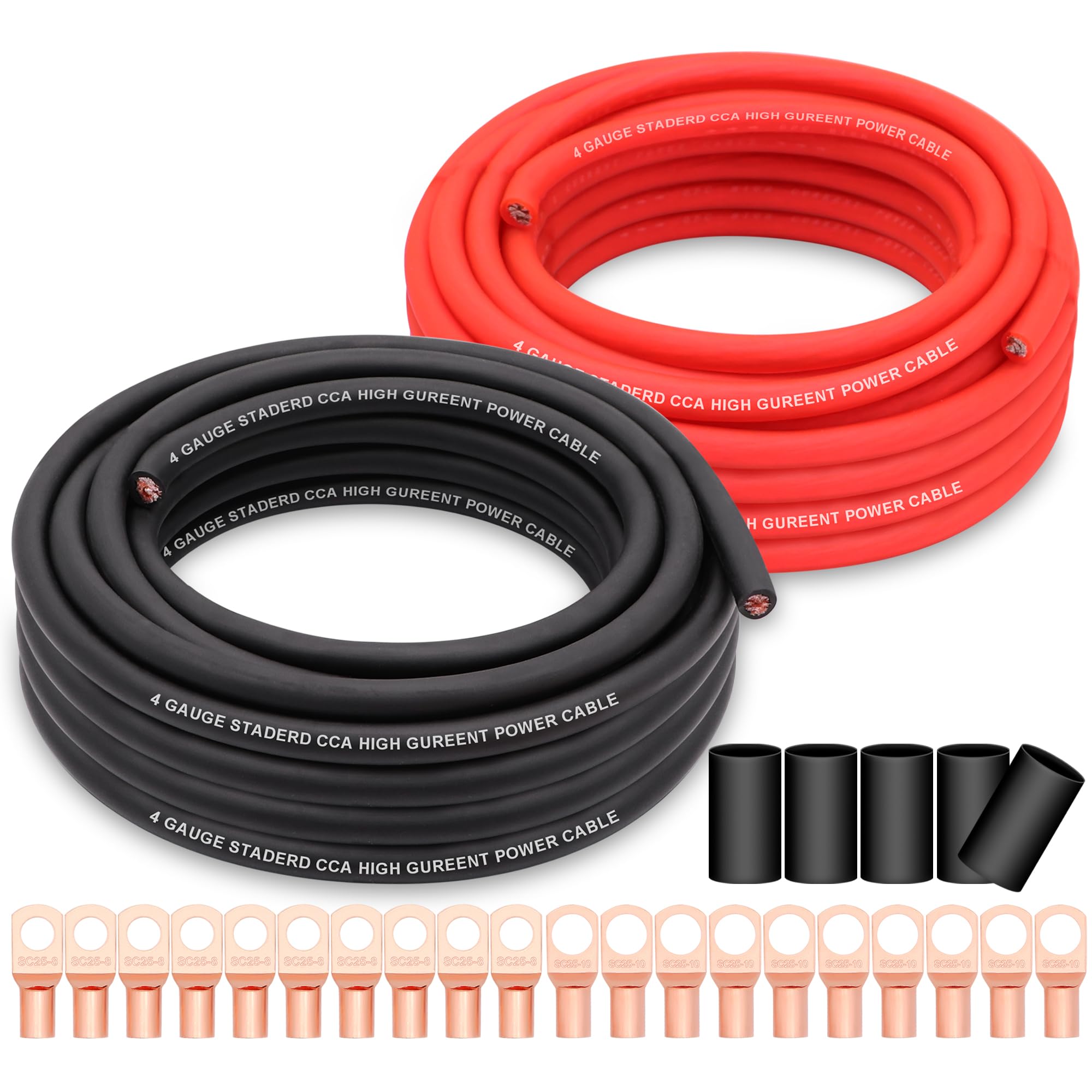 4 Gauge CCA Wire 50FT Black/Red - Copper Clad Aluminum Battery Cable with 4ga Lugs & Heat Shrink Tube - Car Audio, RV Trailer, Solar Power Wiring Kit for Amplifier, Speaker, and Ground Connections