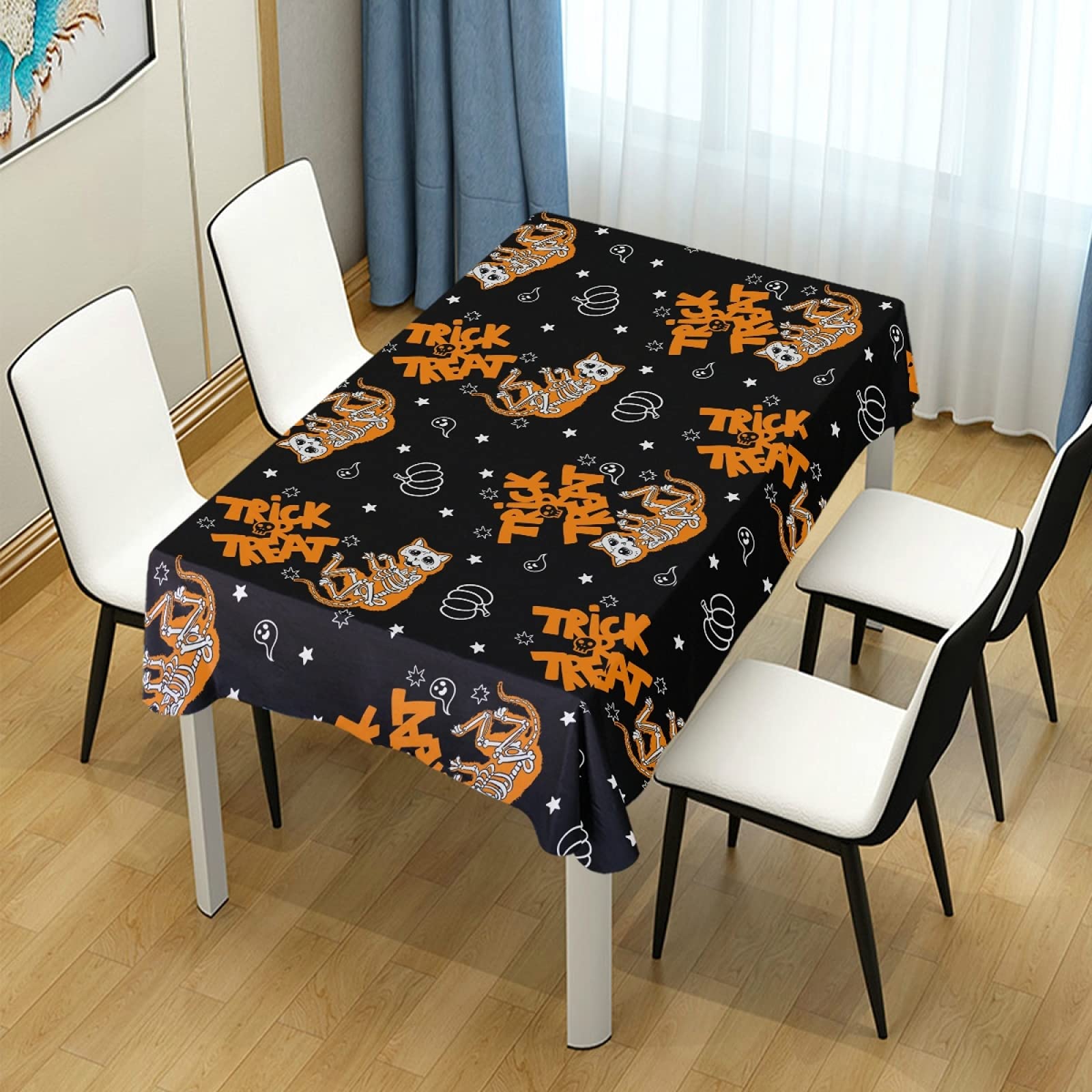 Halloween Cat Skeleton Tablecloth - 60 x 108 Inch Rectangle Polyester Party Table Cover for Trick or Treat Decor, Dinner Table Setting & Spooky Halloween Party Decorations