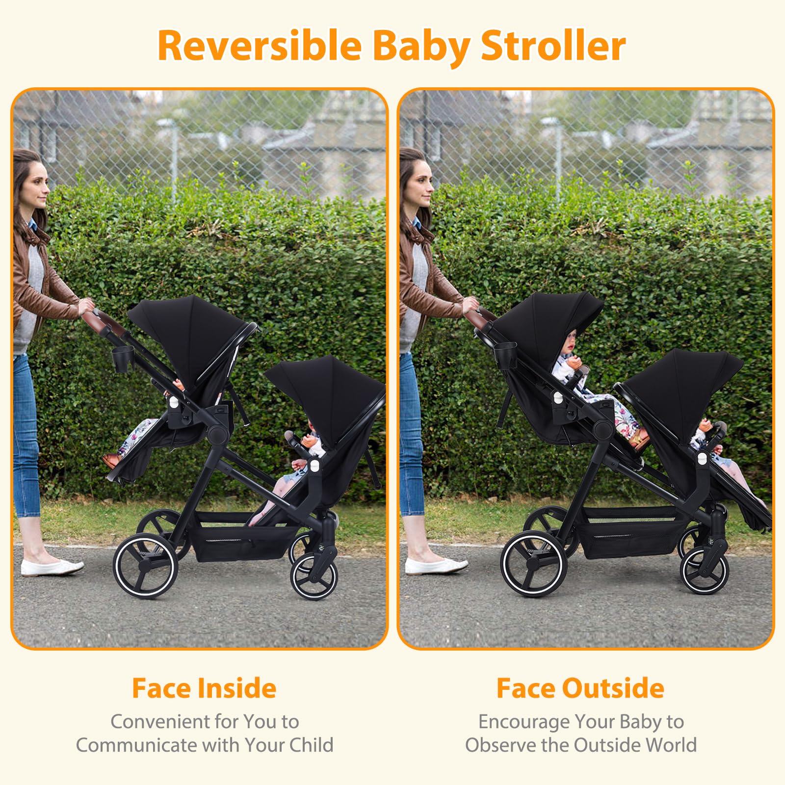 GAOMON 2-in-1 Baby Stroller with Reversible Bassinet | Adjustable Canopy & Backrest | Foldable Lightweight Aluminum Frame | Shock-Absorbing Wheels for Newborns & Infants (Black) - Perfect for Park Walks, Shopping Trips & Daily Outings