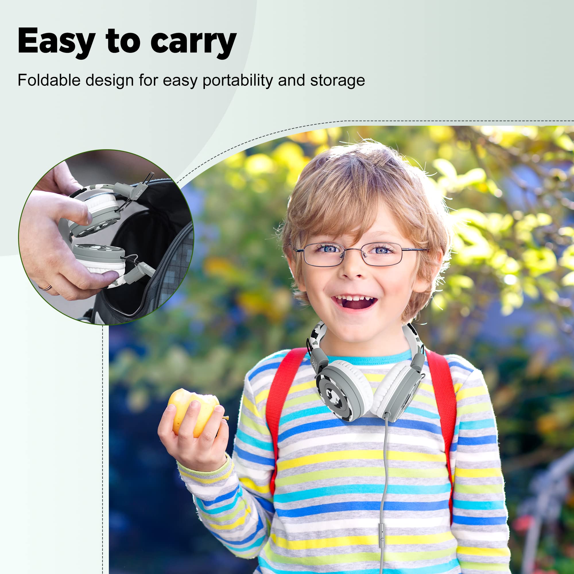 Yomuse C89 Kids Headphones with Microphone - Adjustable, Foldable On-Ear Wired Headphones for School, Travel - Boys, Girls, Adults (Camo Grey) - Perfect for Online Classes, Gaming & Airplane Trips