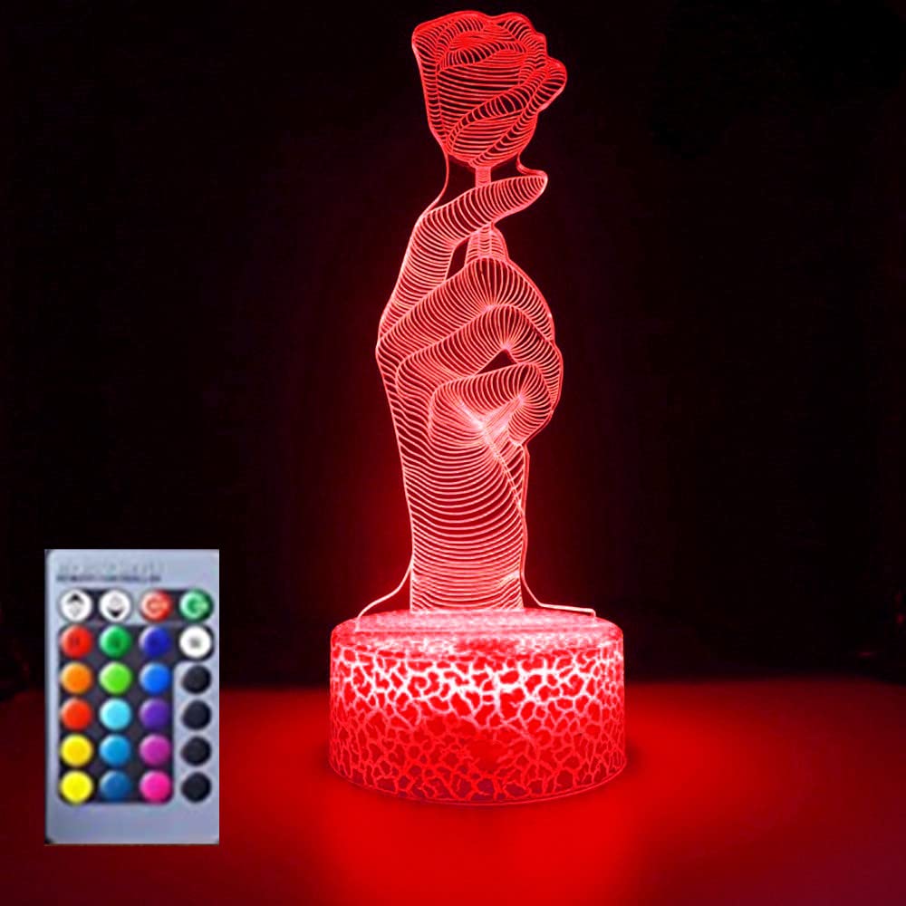 3D Rose Flower Night Light - 16 Color Changing LED Illusion Lamp with Acrylic Base, USB Powered - Romantic Bedroom Decor, Gift for Women, Kids Room Night Light, Home Office Desk Decoration