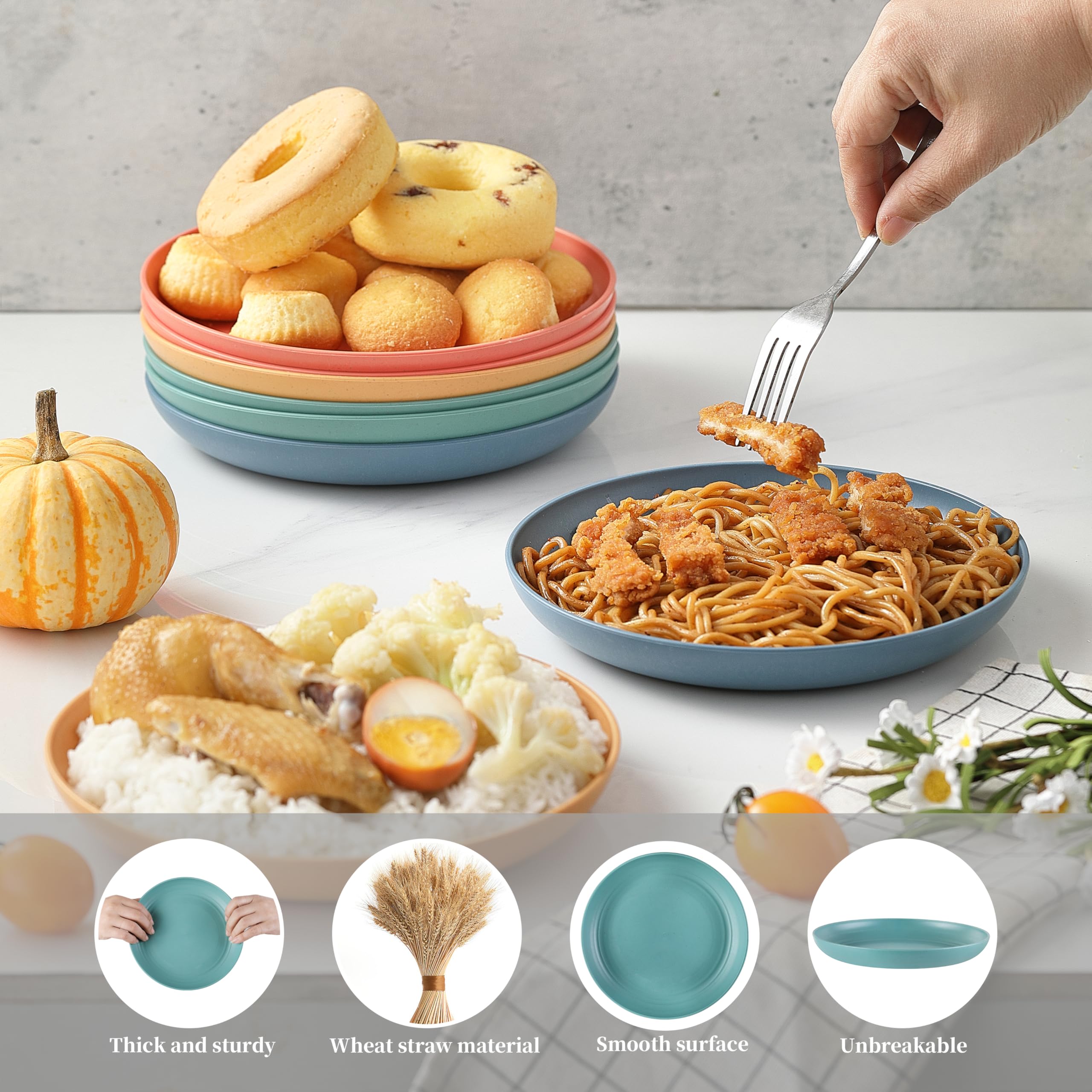 8-Piece Wheat Straw Dinner Plates Set - 7.7 Inch Unbreakable Melamine Plates, Eco-Friendly & Reusable, Dishwasher & Microwave Safe (4 Colors) - Perfect for Kitchen, Picnics, Camping & Outdoor Dining