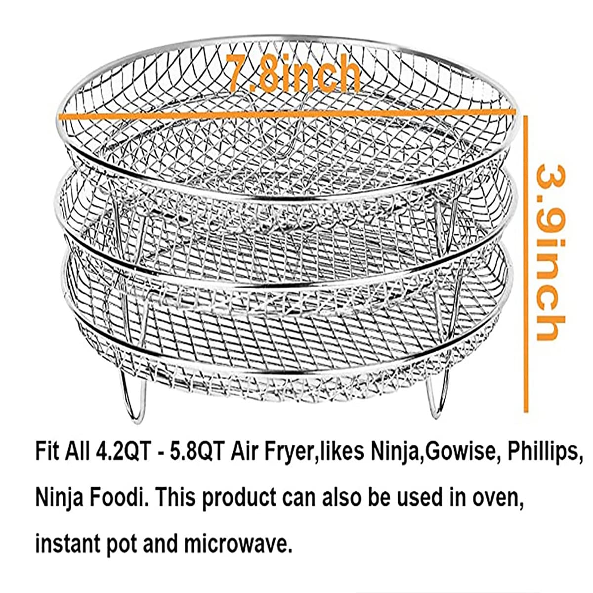 3-Piece Stackable Stainless Steel Air Fryer Rack Set for Ninja - 7.8 Inch Multi-Layer Dehydrator Basket Tray for Baking, Roasting & Air Frying - Perfect for Chicken Wings, French Fries & Vegetables (Round)