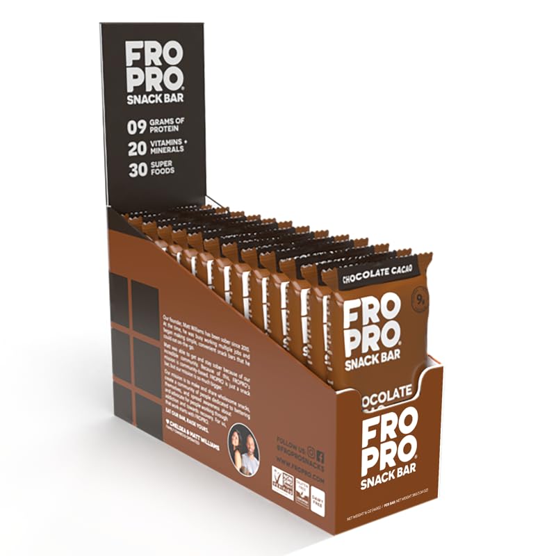 FROPRO Plant Protein Snack Bars - Vegan Protein Bars, All-Natural, Gluten Free, Dairy Free, Soy Free, Low Calorie High Protein Bars | Cacao Flavor, 12 Pack | Perfect for Post-Workout Recovery & Healthy On-The-Go Snacking