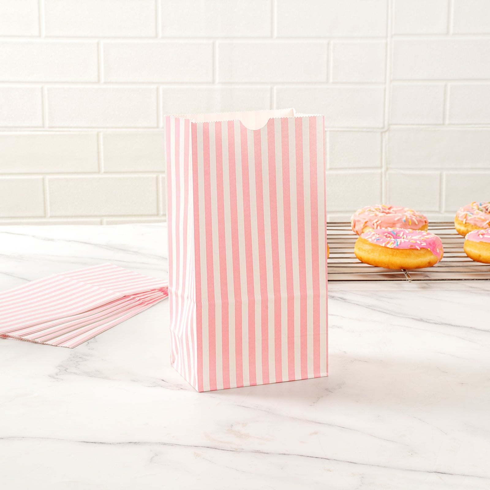 Pink and White Striped Paper Bags - 4 lb Capacity, 5 x 3.25 x 9.5 Inches - Pack of 100 - Perfect for Party Favors, Gift Packaging & Retail Shopping Bags
