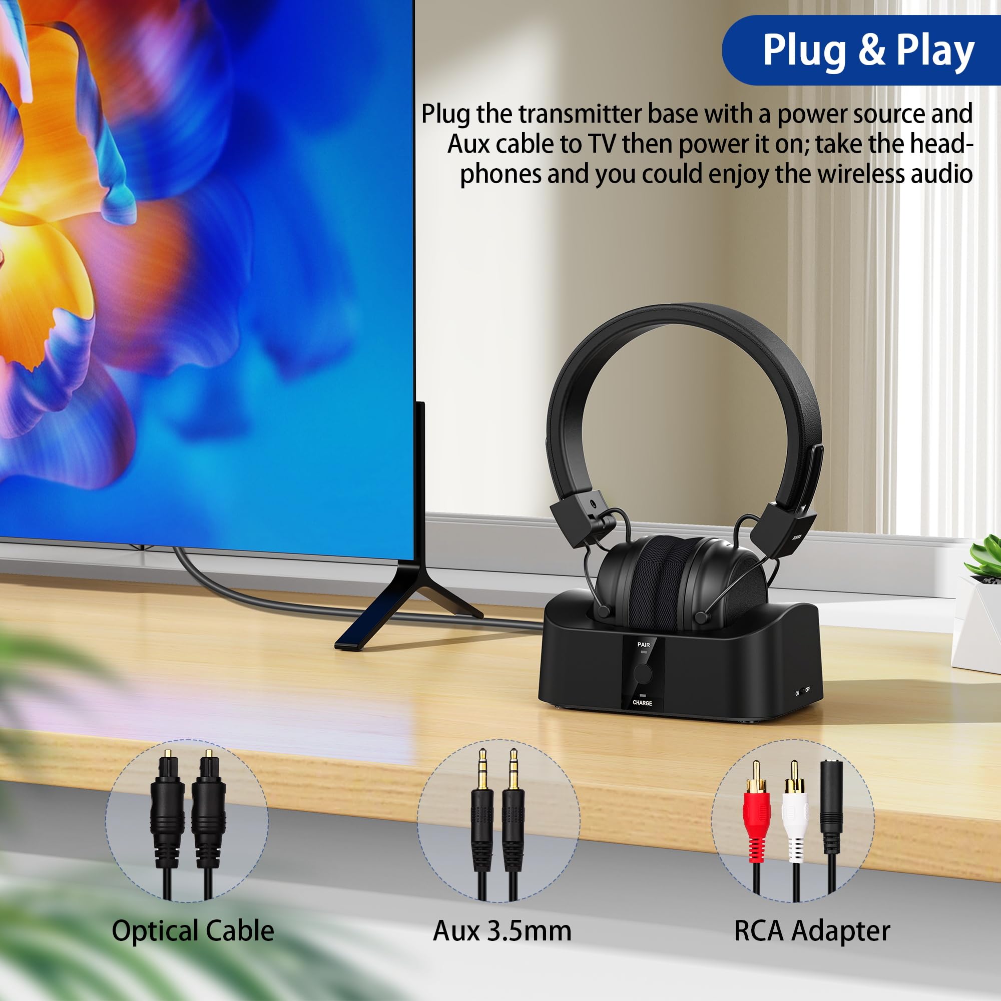 BESIGN BTH02 Wireless Bluetooth Headphones for TV Watching - 100ft Range, No Audio Delay, with Charging Dock - Ideal for Seniors & Home Entertainment