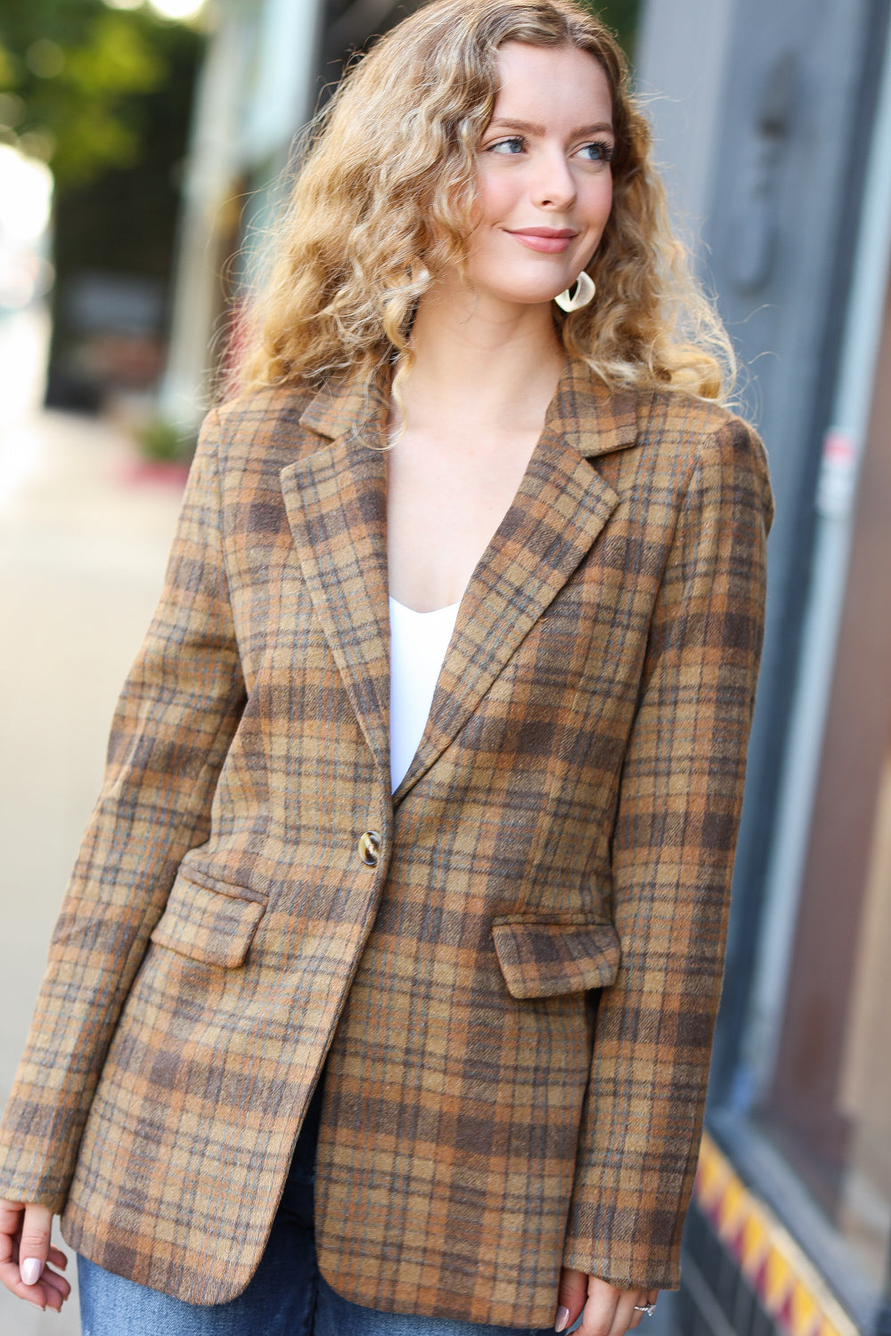 Make It Happen Spice Plaid Tailored Collar Lapel Blazer for Women - Stylish Office Wear & Business Casual Outfits