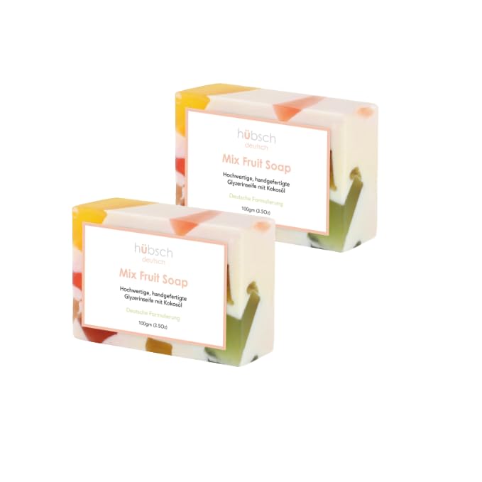 HUBSCH Mixed Fruit Soap Bar with Natural Extracts, Glycerin & Jojoba Oil - Deeply Moisturizing for Dry, Sensitive & All Skin Types - 100g Each (Pack of 2) - Perfect for Daily Skincare, Bath & Gift Sets