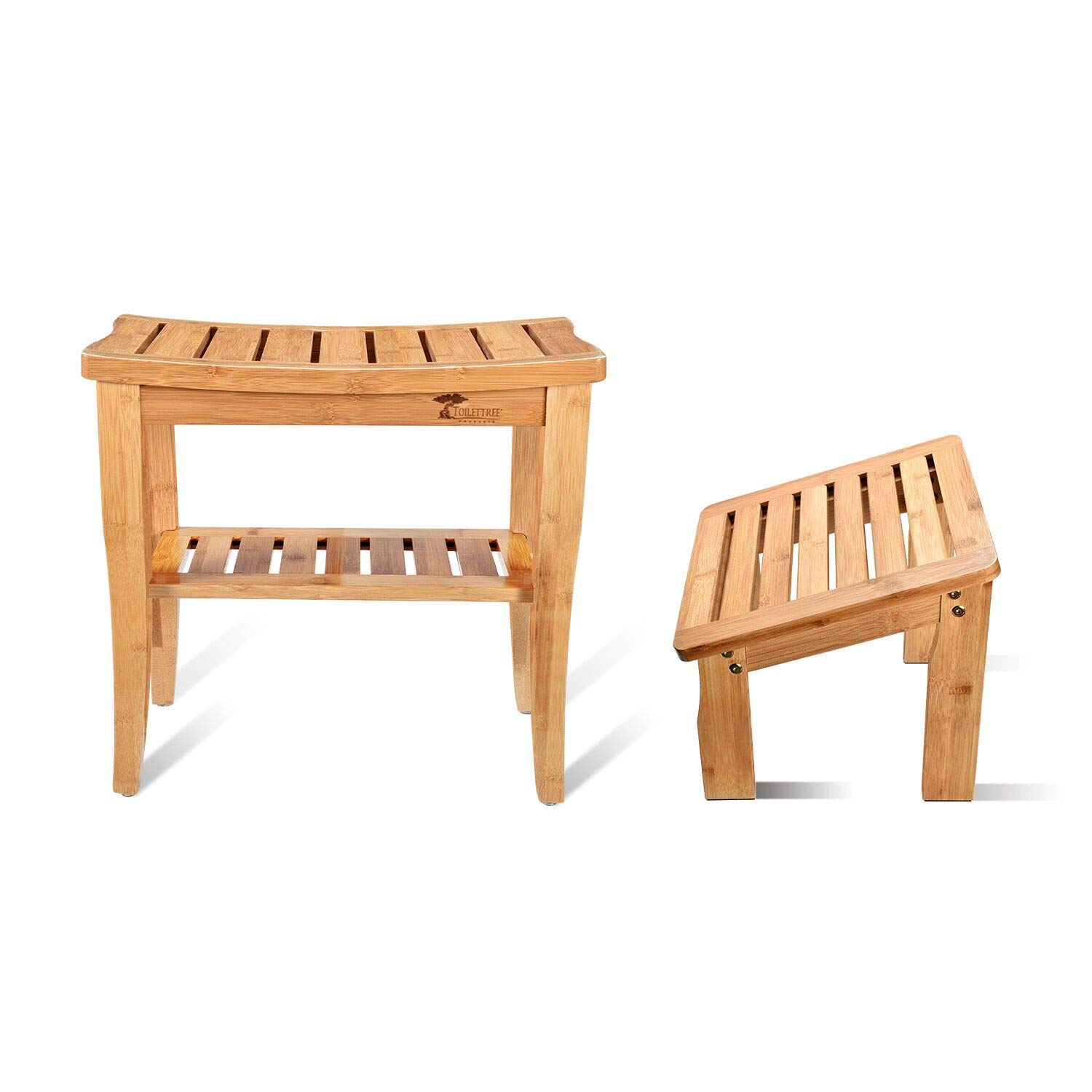 Deluxe Bamboo Shower Seat with Foot Stool & 5-Tier Freestanding Bathroom Organizing Shelf Set - Waterproof & Space-Saving for Seniors, Spa, and Small Bathrooms