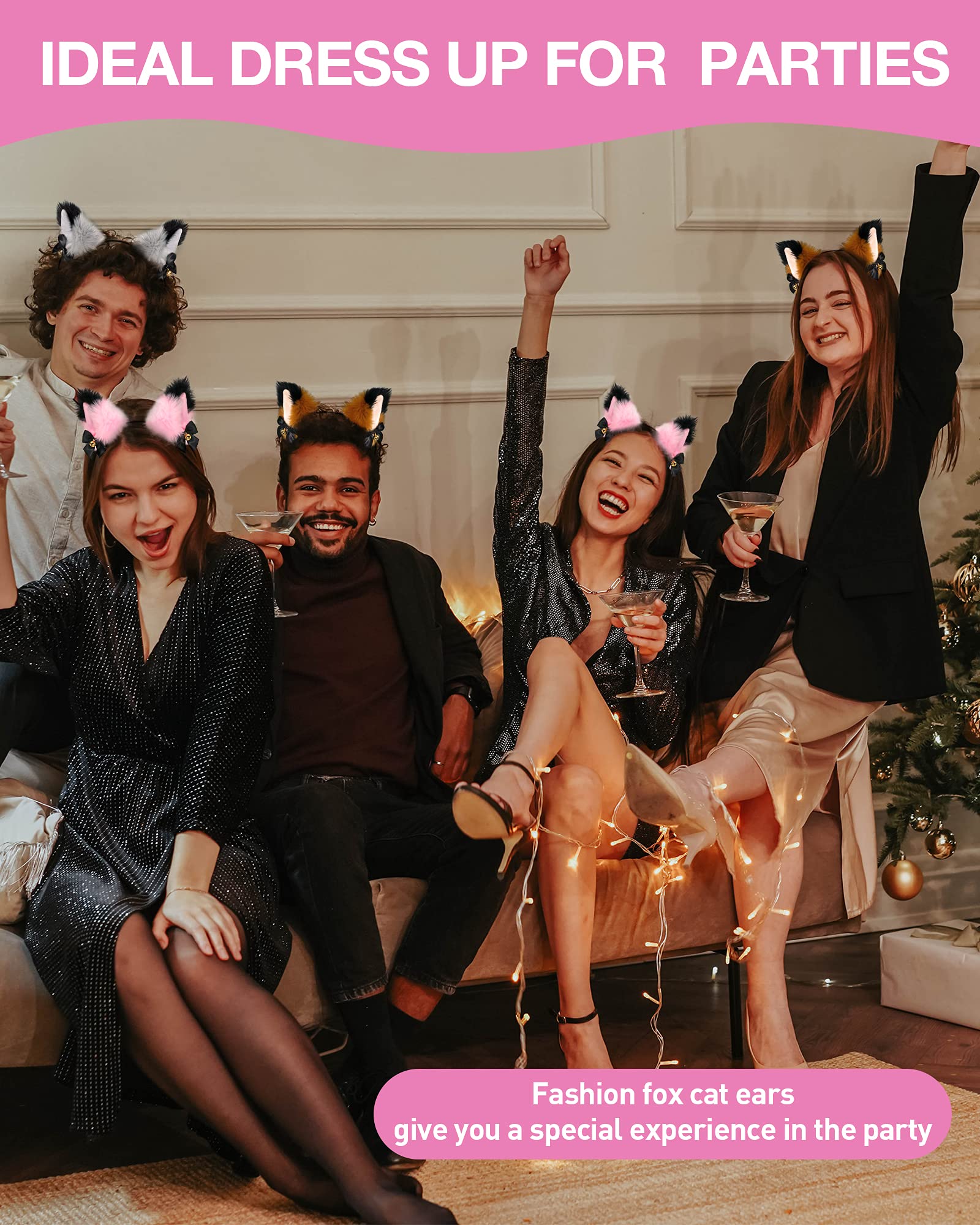 Fox Cat Ears Anime Cosplay Headband - Cute Animal Wolf Headwear with Bells for Halloween Costume, Cosplay Accessories (Pink) - Perfect for Anime Conventions, Halloween Parties, and Themed Events