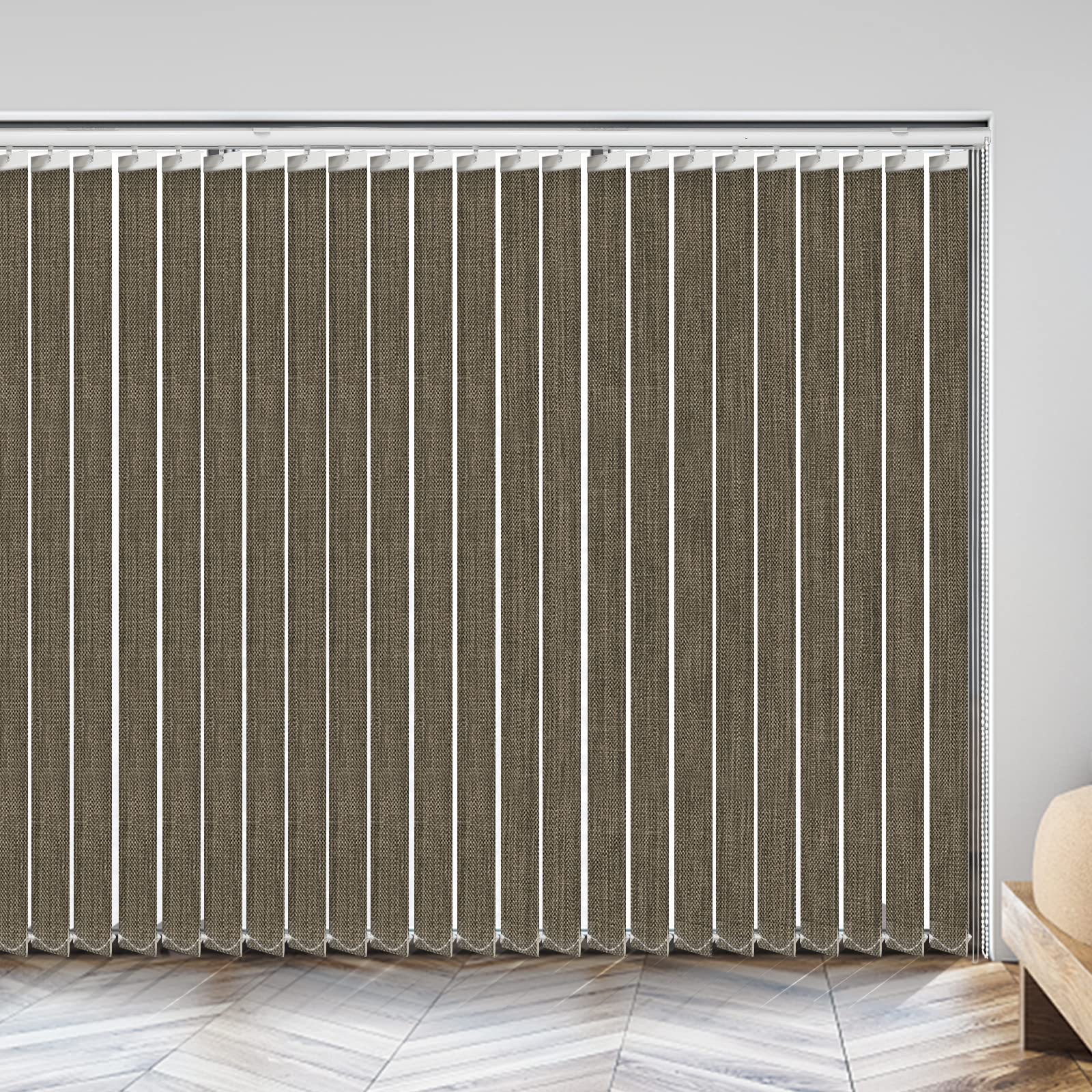 100% Blackout Vertical Window Shades - 3.5 Inch Slat Fabric Thermal Insulated Energy Saving UV Protection Vertical Blinds (Light Brown) for Living Room, Bedroom & Office