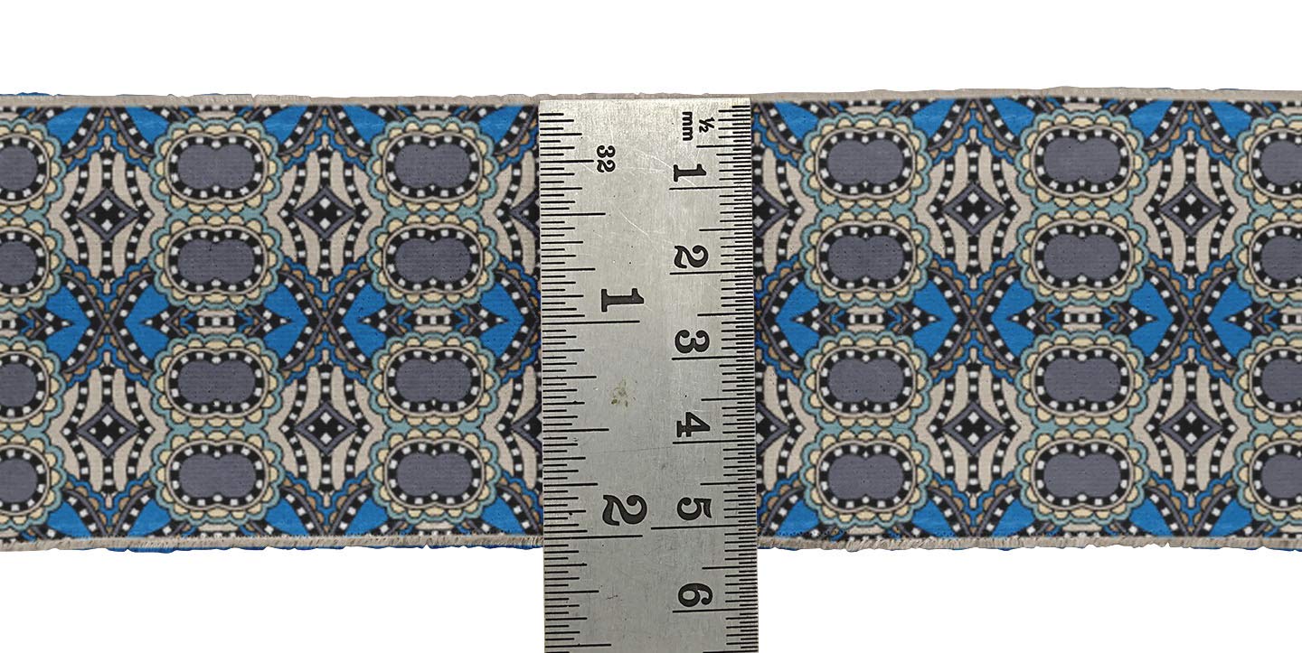 Indian Beautiful Art Blue Floral & Geometric Ethnic Printed Velvet Ribbon Trim - 9 Yards, 2 Inches Wide - Premium Fabric Lace for Sewing, Crafts, DIY Accessories - Perfect for Costume Design, Home Decor, Gift Wrapping & Fashion Projects