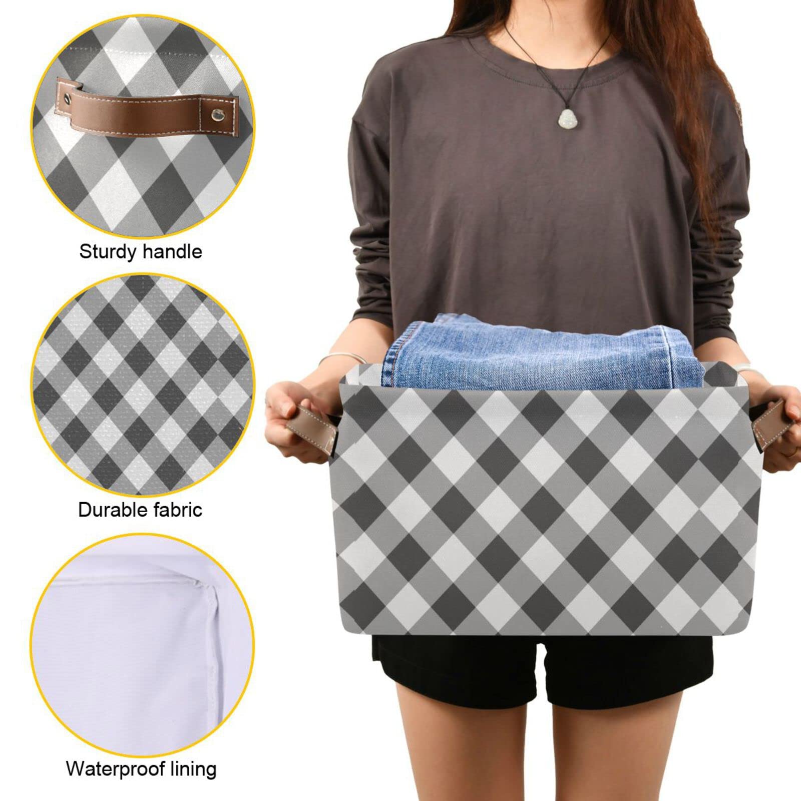 Grey Buffalo Plaid Storage Basket - Foldable Rectangular Organizer Bin with Handles for Home & Office Organization | Perfect for Closet Storage, Toy Organization & Laundry Room Decor