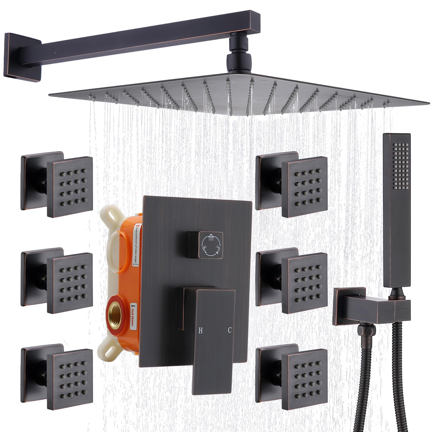 Enga Oil Rubbed Bronze Shower System with 12-Inch Rainfall Showerhead & Body Jets - Wall Mounted Full Body Shower Combo Set with Rough-In Valve - Perfect for Spa-Like Luxury Bathroom Experience