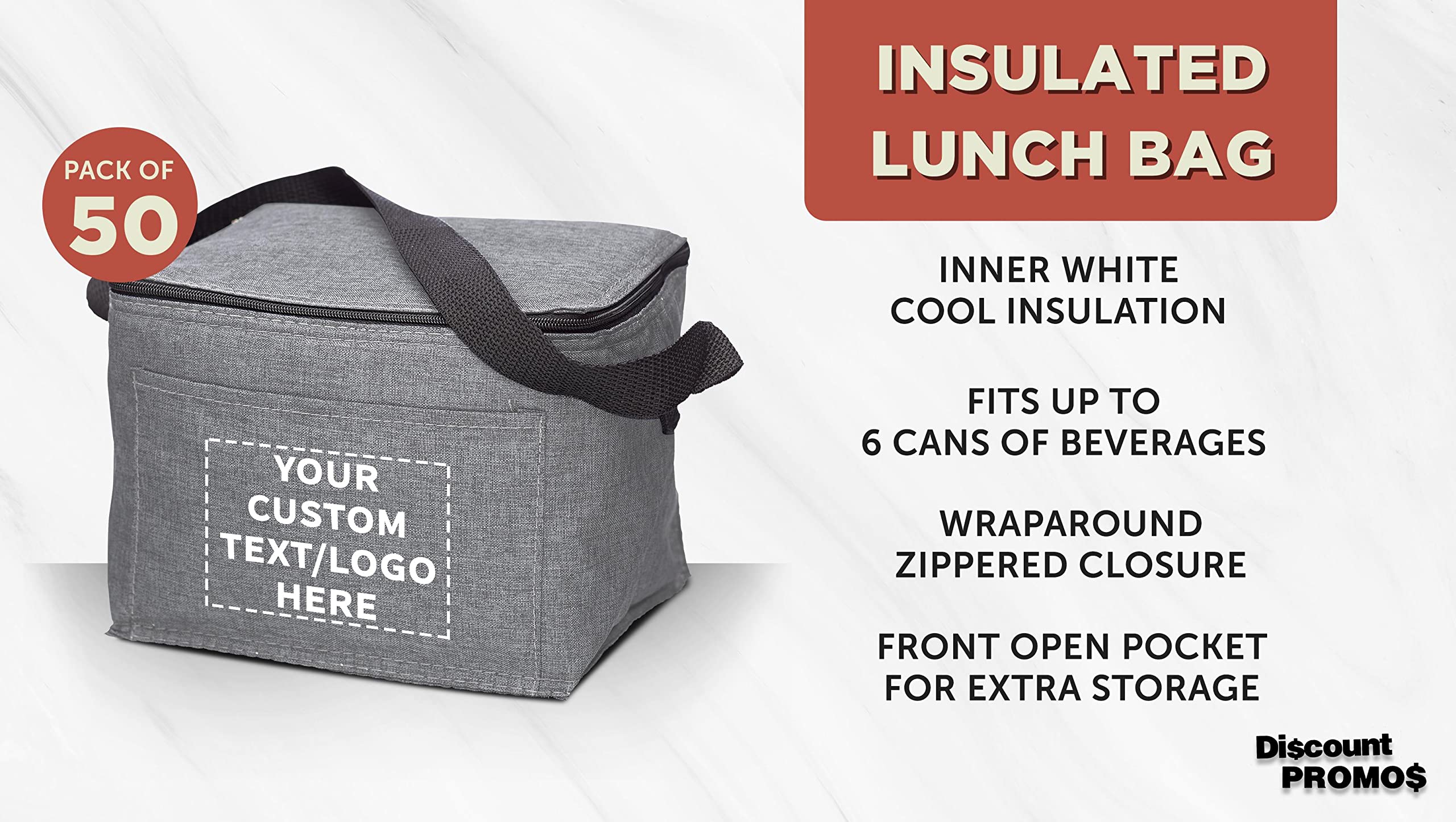 Custom Insulated Cooler Lunch Bag Set of 50 - Personalized Bulk Pack for Work, Travel & Outdoor Events - Reusable Grey Lunch Cooler for Office, Picnics, Camping & Beach Trips