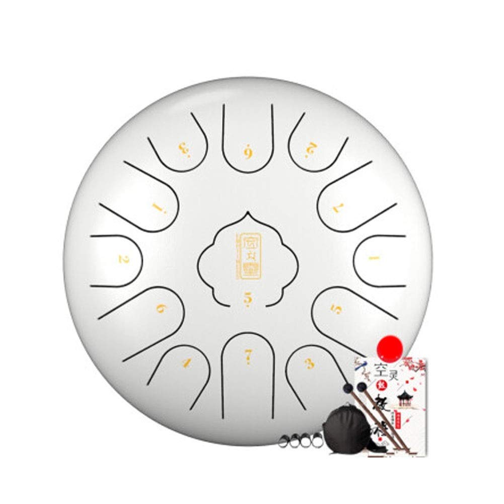 HZTEC 12-Inch Steel Tongue Drum - 13-Note Percussion Instrument with Ethereal Tuning, Includes Carry Bag, 2 Drumsticks, Tutorial Book & 4 Finger Picks (White) - Perfect for Meditation, Music Therapy, Yoga & Sound Healing Sessions