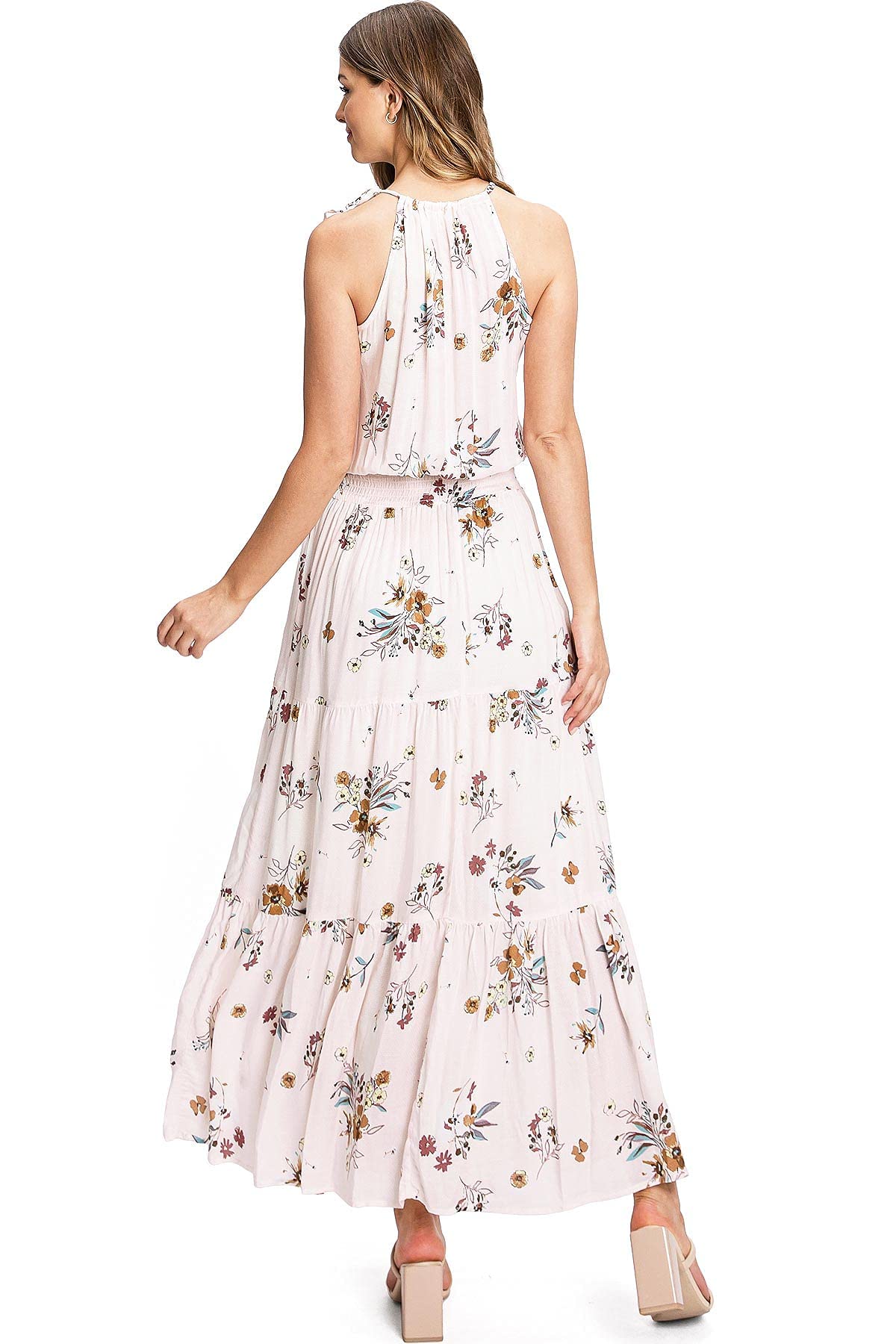 LoveStitch Women's High Neck Halter Smocked Waist Maxi Dress - Elegant Summer Beach Wedding Party Wear for Women