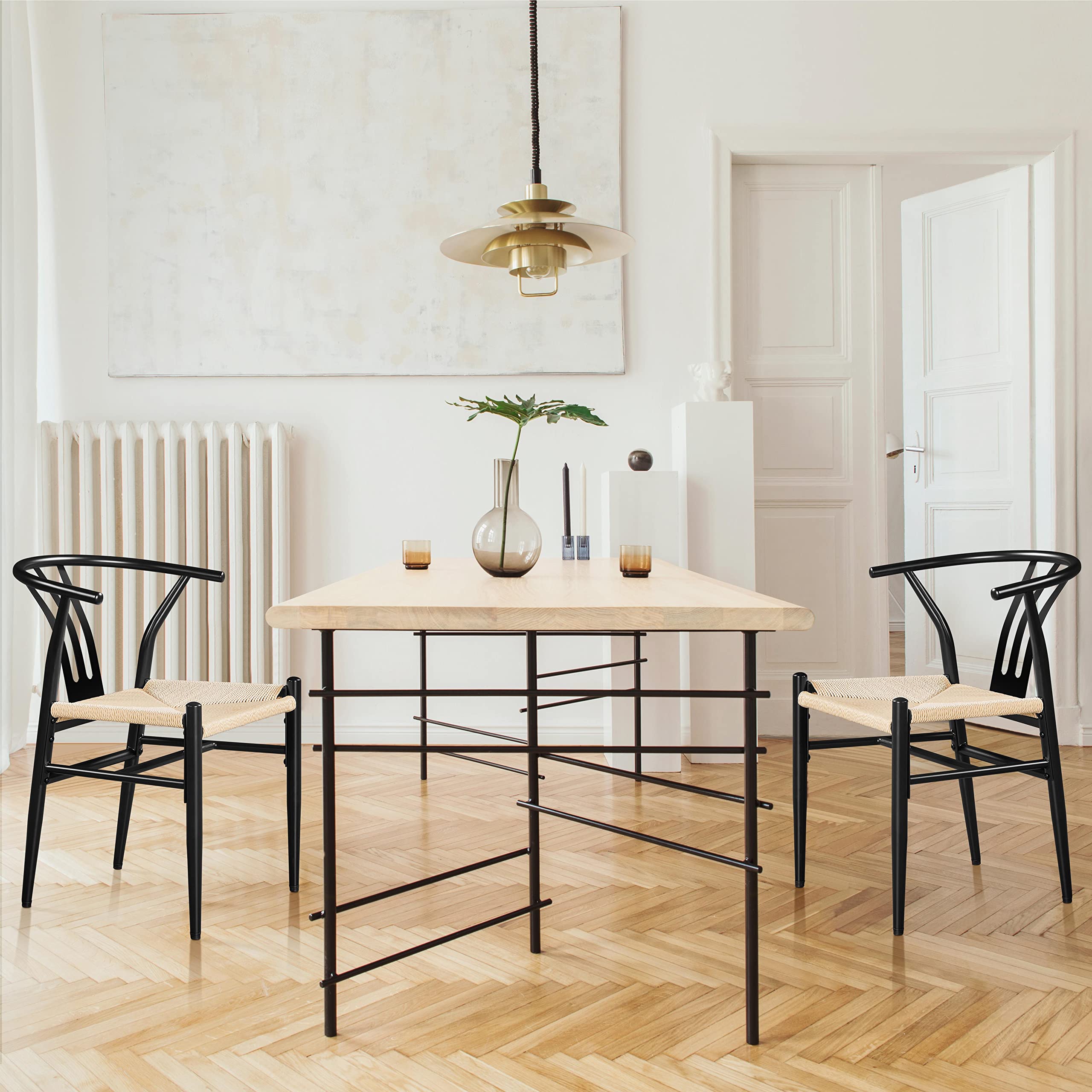 Topeakmart Set of 2 Black Metal Dining Chairs - High Back Industrial Weave Arm Chairs, Mid-Century Modern Style for Kitchen, Dining Room, Restaurant & Cafe