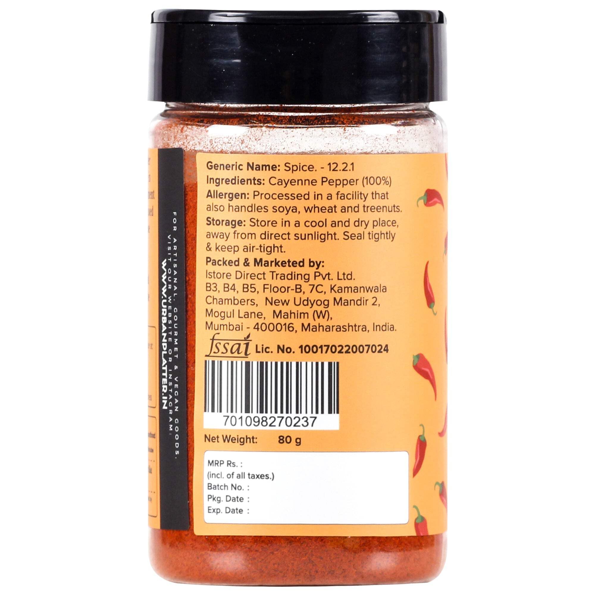 Urban Platter Cayenne Pepper Powder - 80g / 2.9oz Shaker Jar | Pure Capsicum Annum Spice | Hot & Spicy Chili Seasoning | Perfect for Cooking, Grilling & Spicing Up Dishes