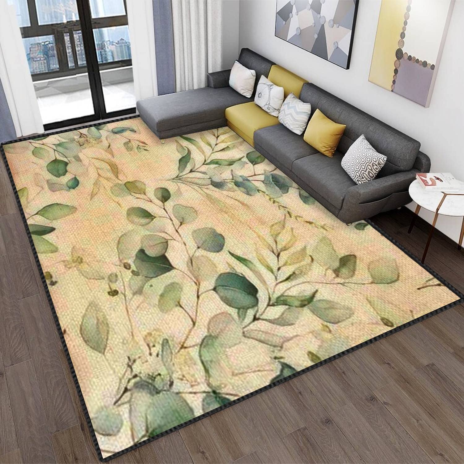 Modern Abstract Floral Green Leaves & Branches Non-Slip Area Rug - Soft Indoor/Outdoor Carpet for Living Room, Bedroom, Kids Room - 63