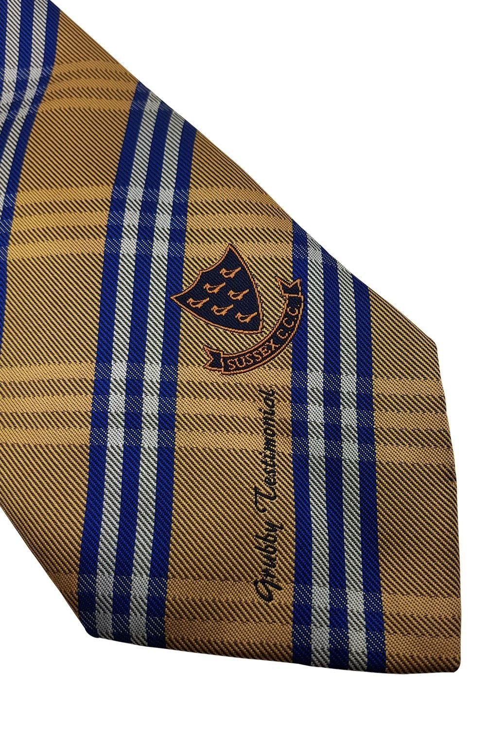 ALLEZ Sussex County Cricket Club Gold & Blue Check Tie - Premium Polyester Necktie for Men - Perfect for Cricket Matches, Weddings & Formal Events