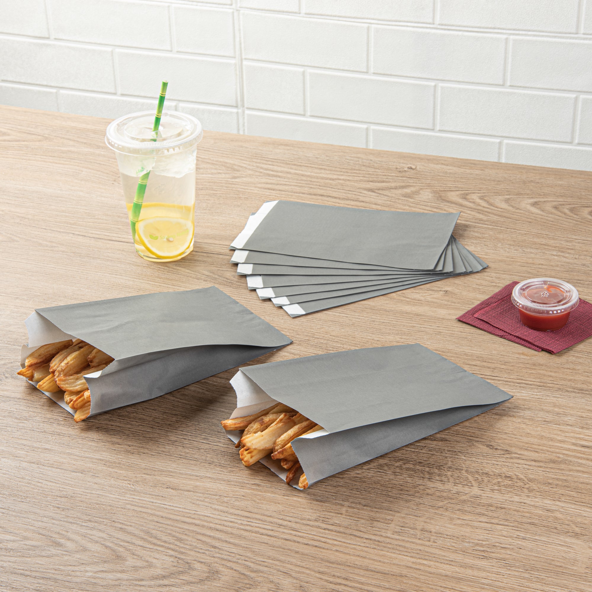 Eco-Friendly Gray Paper French Fry & Snack Bags - 5 x 3 x 8 3/4 Inches (100 Count) - Perfect for Restaurants, Food Trucks & Party Snacks