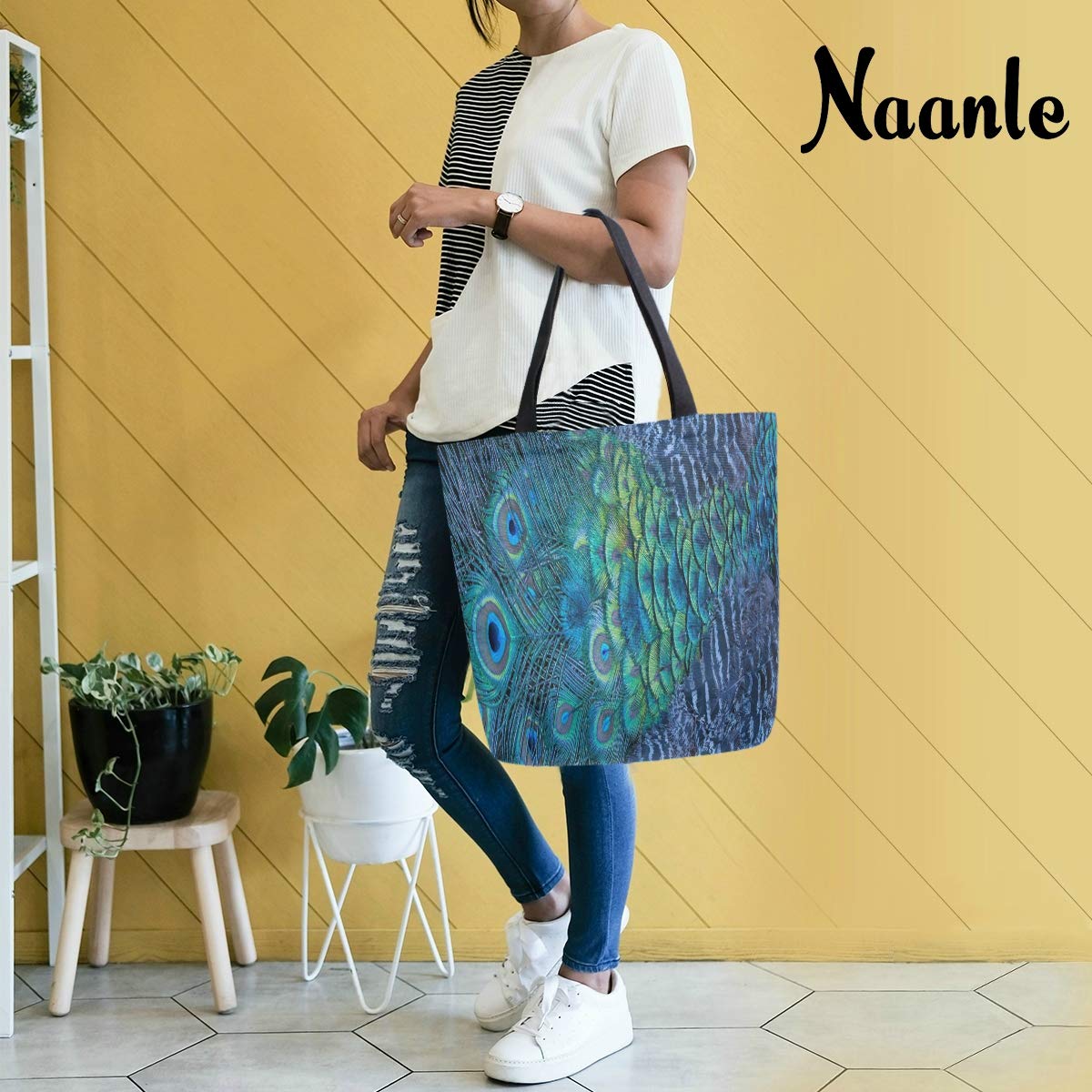 Stylish Naanle Peacock Feather Canvas Tote Bag - Large Reusable Cotton Shoulder Handbag for Women, Durable Multipurpose Grocery Shopping Bag | Perfect for Outdoor Activities, Beach Trips & Daily Errands