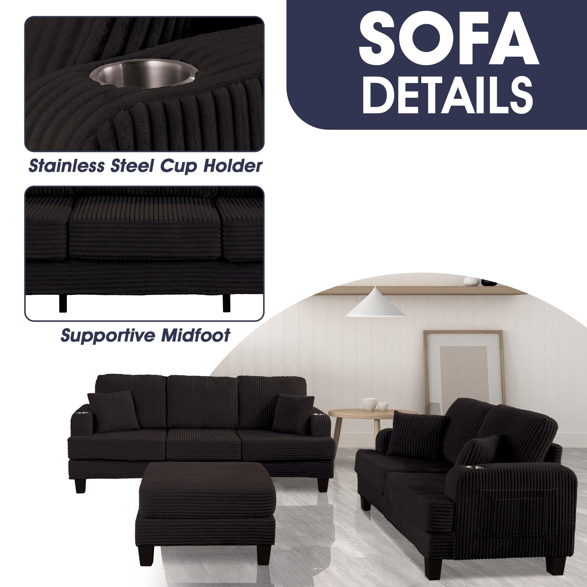 3-Piece Black Sofa Set with Storage Ottoman - Comfy 3-Seater Couch & Loveseat for Living Room | Includes USB Ports, Side Pockets & Throw Pillows | Perfect for Family Gatherings, Movie Nights & Small Space Living