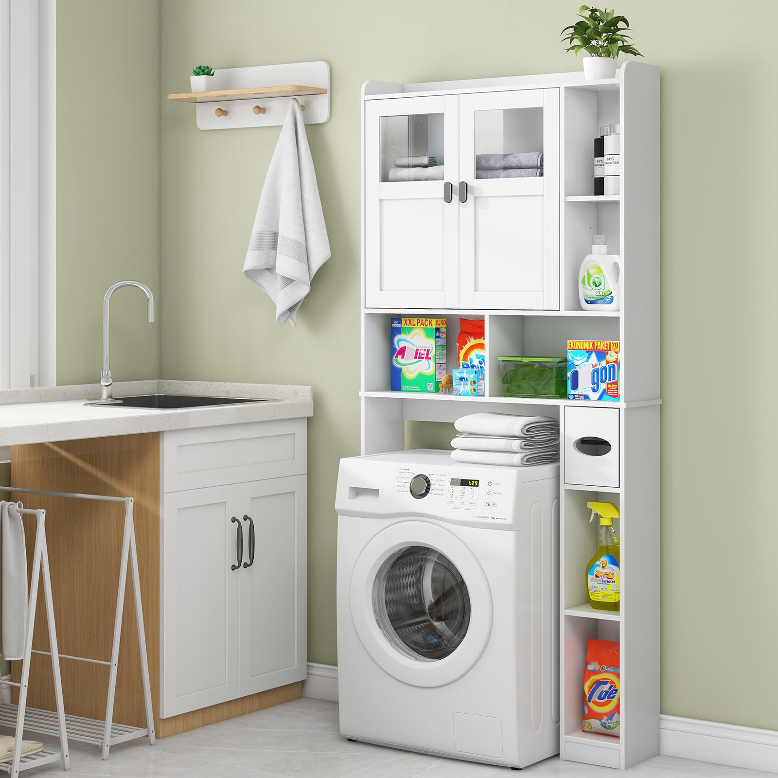 Over The Toilet Storage Cabinet with Glass Doors & Adjustable Shelves - White Freestanding Bathroom Shelf for Small Spaces | Perfect for Restroom, Bathroom & Laundry Organization | Space-Saving Toilet Rack for Apartments & Compact Homes
