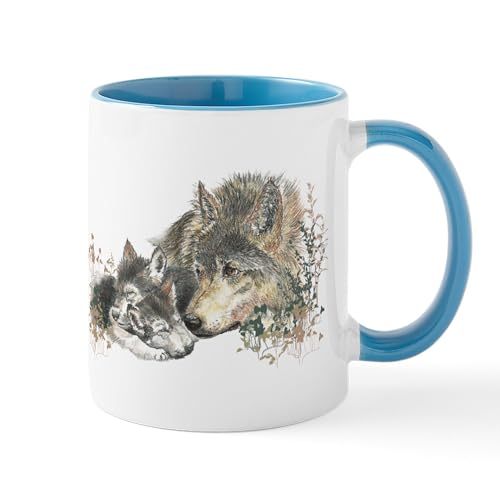 White/Blue Inside - Watercolor Wolf Parent Cubs Small Mugs