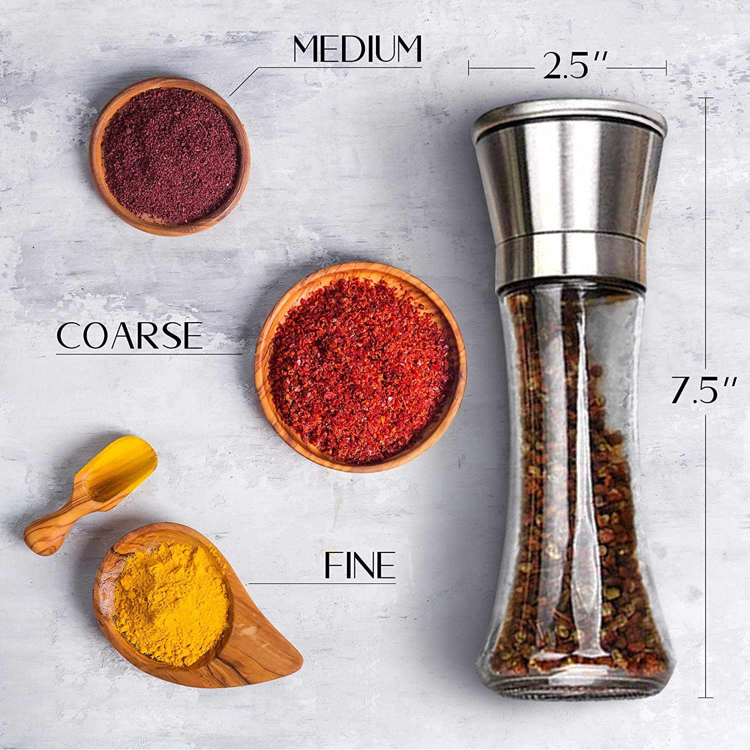 Premium Stainless Steel Salt and Pepper Grinder Set - Adjustable Coarseness, Brushed Metal & Glass Body - 3 Pack for Kitchen, Dining Table & BBQ - Perfect for Home Cooking, Restaurants & Outdoor Grilling