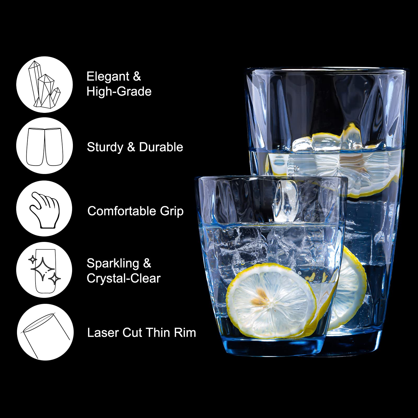 CREATIVELAND Blue Drinking Glasses Set of 8 - 15.8oz & 13.7oz Heavy Base Highball Tumblers for Water, Cocktail, Juice, Beer, Iced Coffee - Durable Thick Glassware for Kitchen, Bar, Restaurant & Home Entertaining