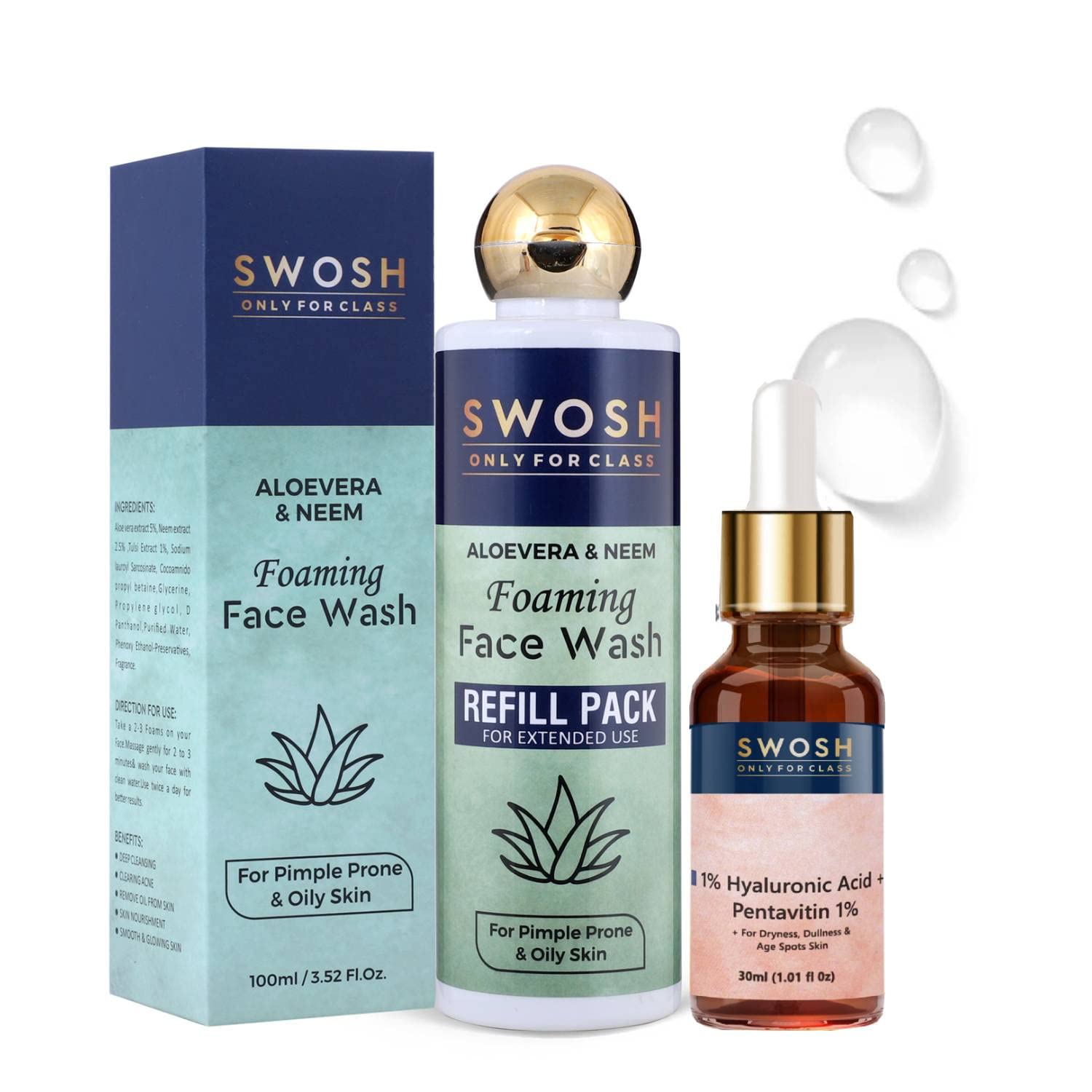 SWOSH Skincare Combo Pack: Aloe Vera Foaming Face Wash Refill (200ml) for Normal to Oily Skin + 1% Hyaluronic Acid Serum (30ml) for Anti-Aging, Wrinkle & Fine Line Reduction - Daily Hydrating & Brightening Routine for Youthful Glow