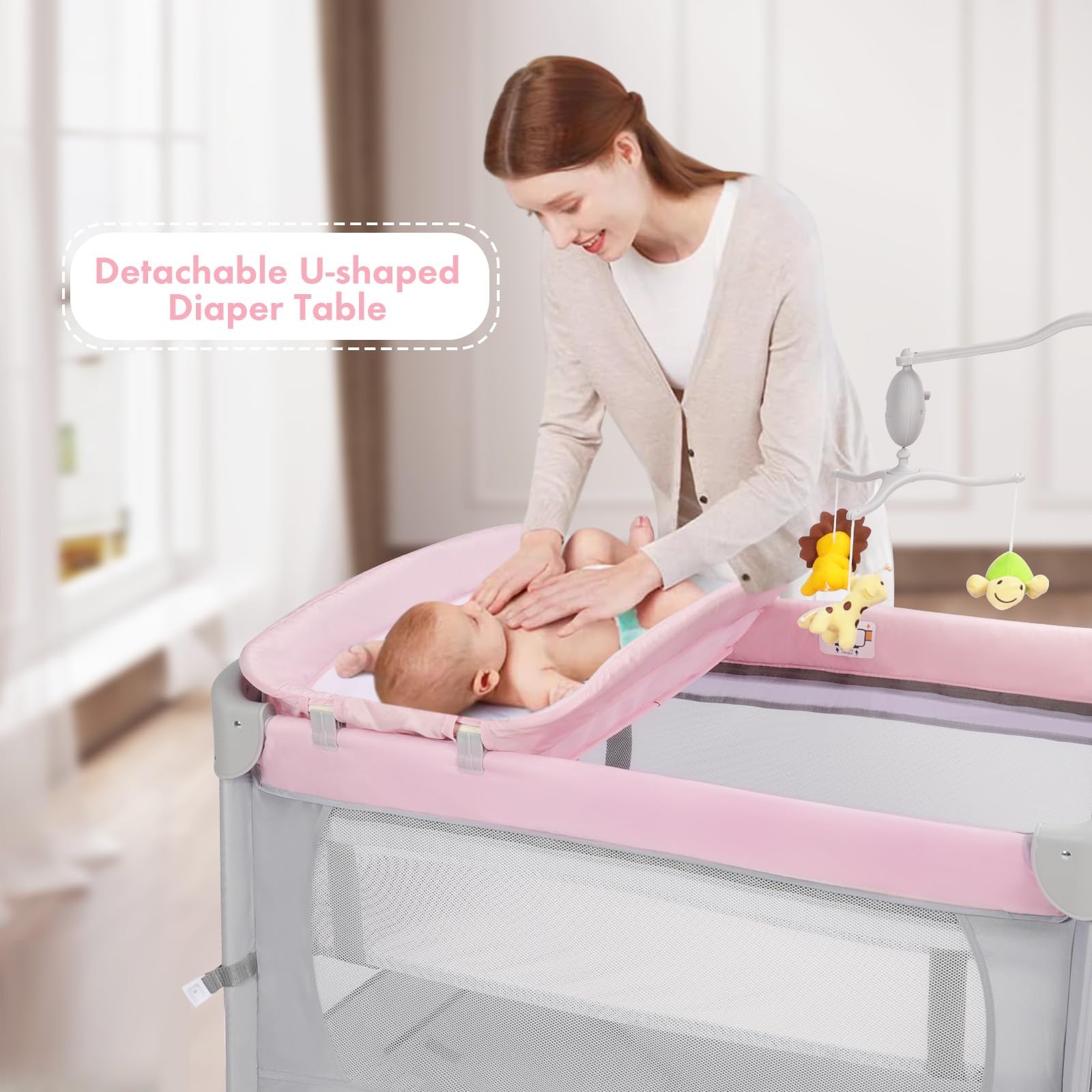 5-in-1 Baby Bassinet Bedside Crib with Adjustable Height, Portable Pack and Play Sleeper for Newborns & Infants - Perfect for Nursery, Bedroom Co-Sleeping & Travel (Pink)