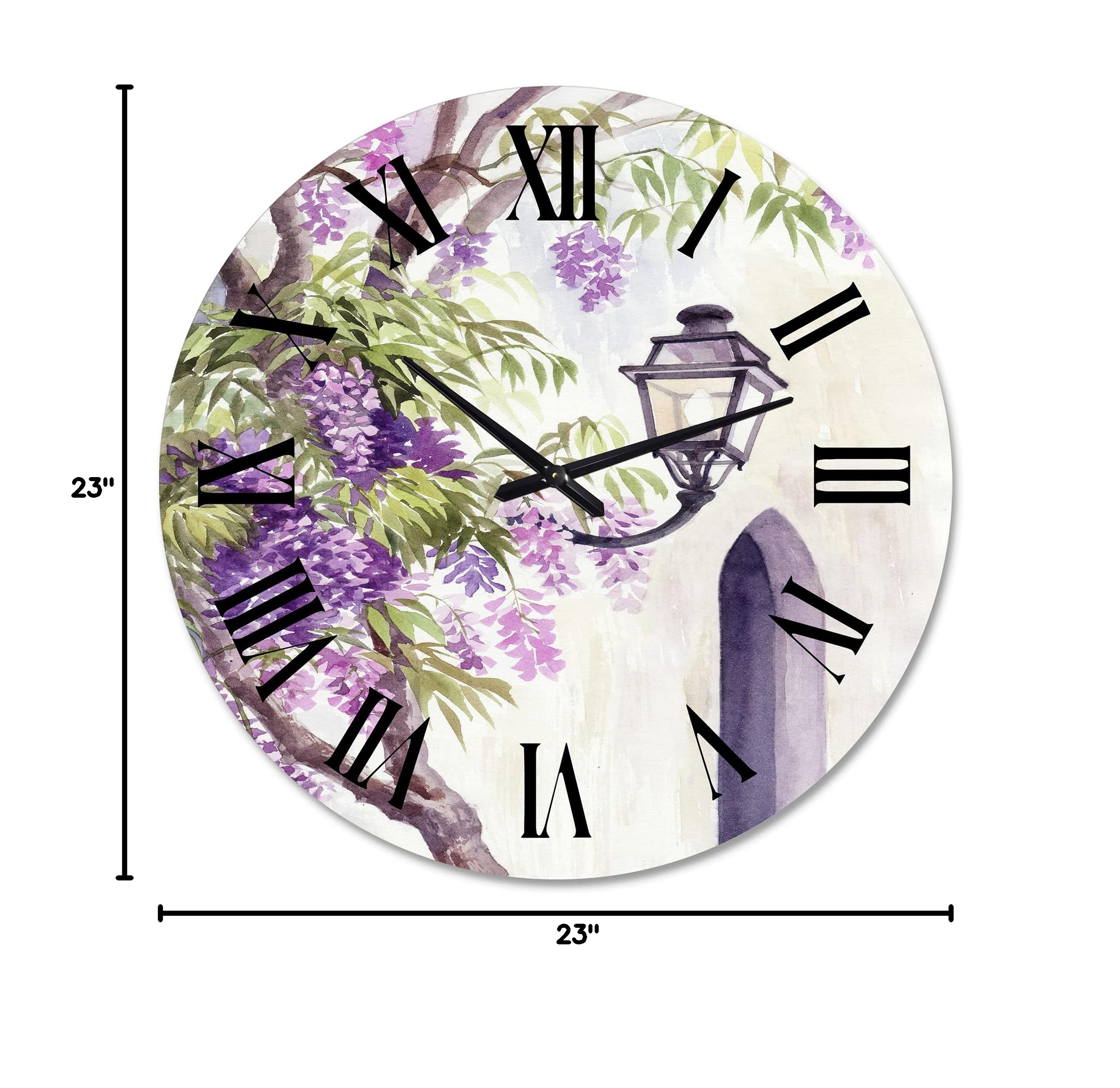 DesignQ Traditional Wall Clock 'Wisteria and Lantern' - Large Landscape & Nature Wall Clock for Living Room, Bedroom, Office Decor - Perfect for Home, Office & Gift Giving