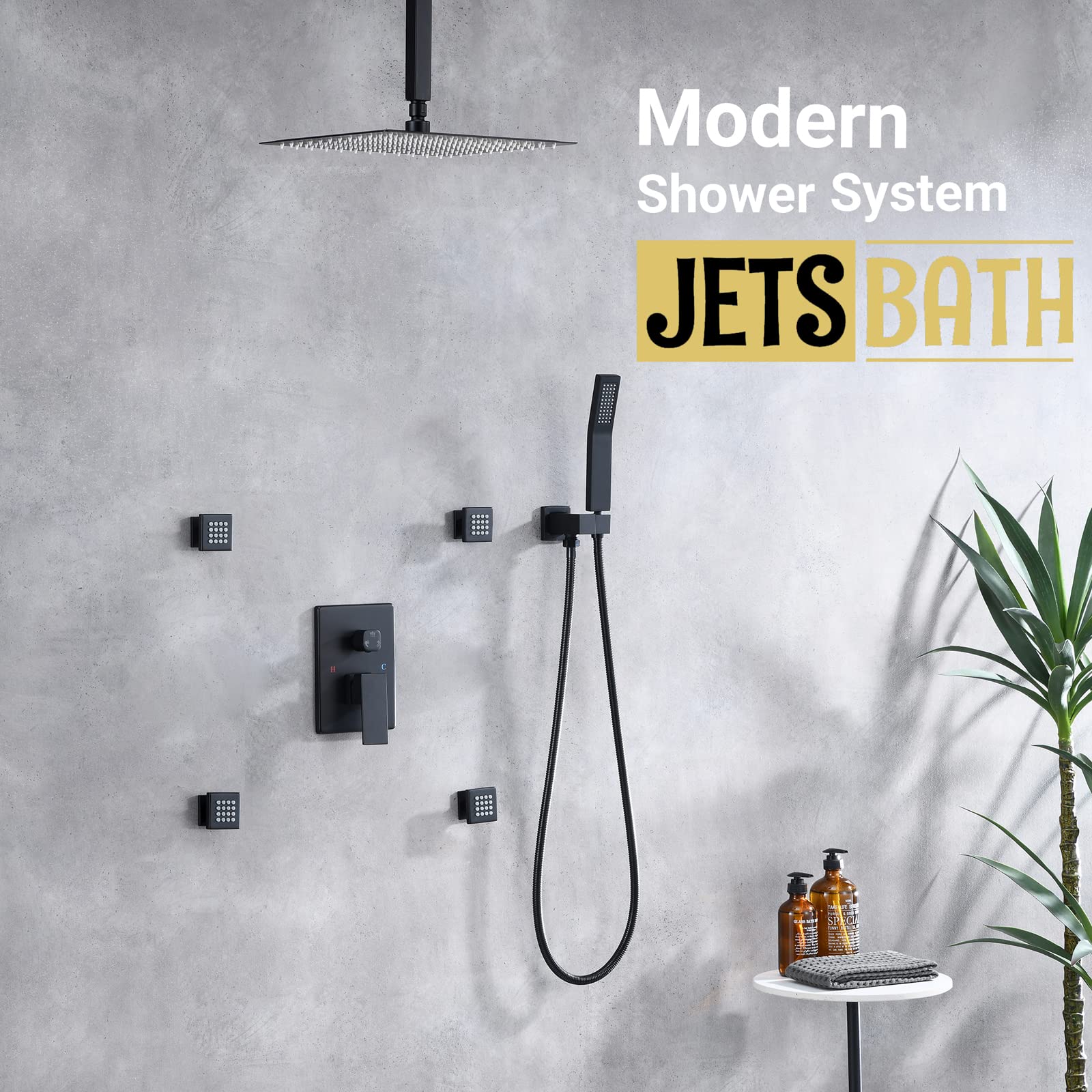 JetsBath 12'' Ceiling Rain Shower System with Handheld Shower Head - Matte Black Full Body Shower Set with Adjustable Spray Jets (JB3412C-MB) - Perfect for Luxurious Spa-Like Bathroom Experience and Modern Home Renovation