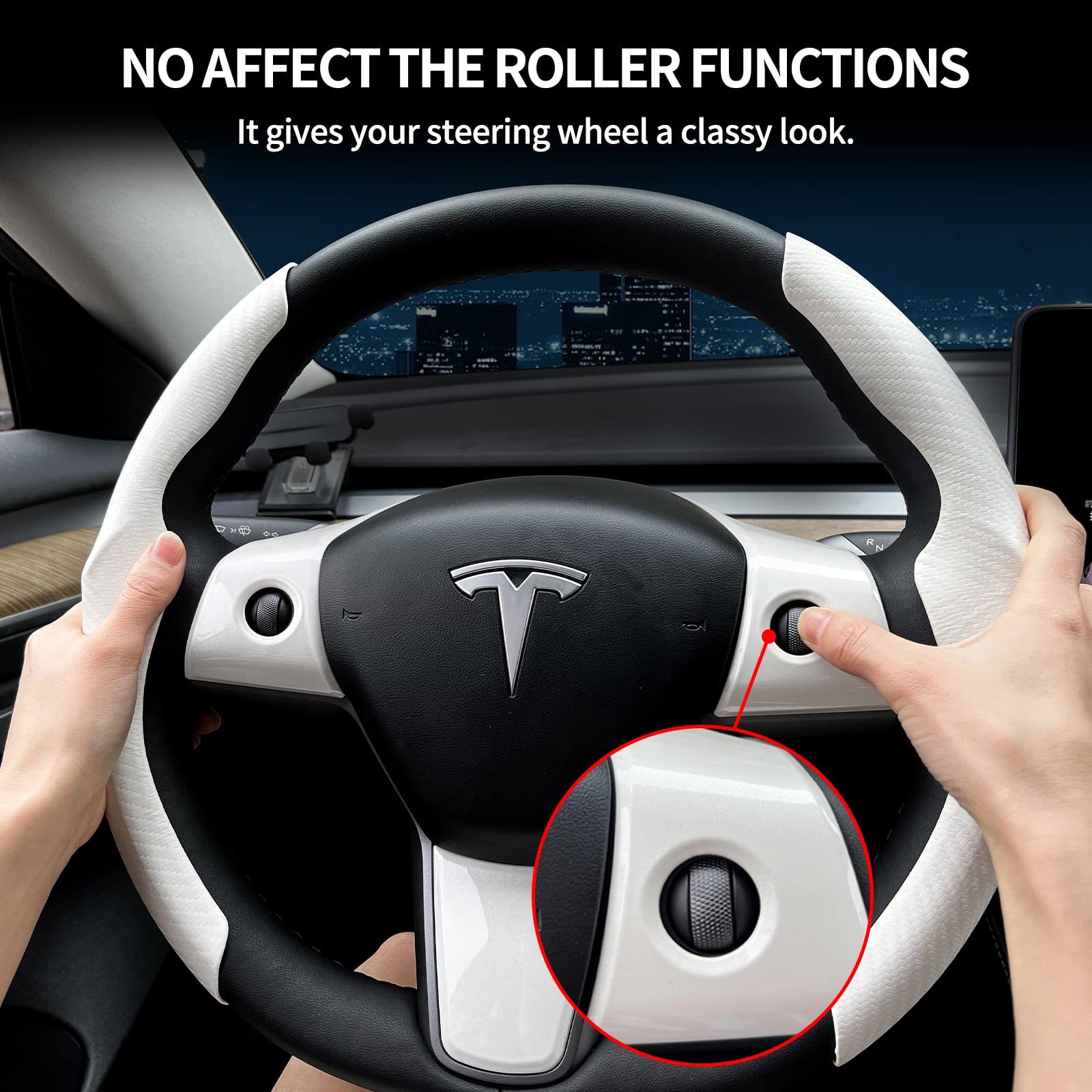 Premium Carbon Fiber Steering Wheel Cover & ABS Wrap Kit for Tesla Model 3/Y - White | Enhances Grip & Style | Perfect for Daily Commute & Road Trips