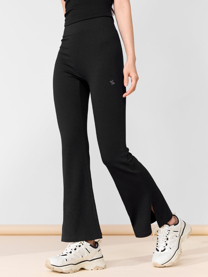 Ribbed High-Waist Bootcut Pants with Side Slits - Stretchy Flared Trousers for Women | Perfect for Casual Outfits, Office Wear & Night Out