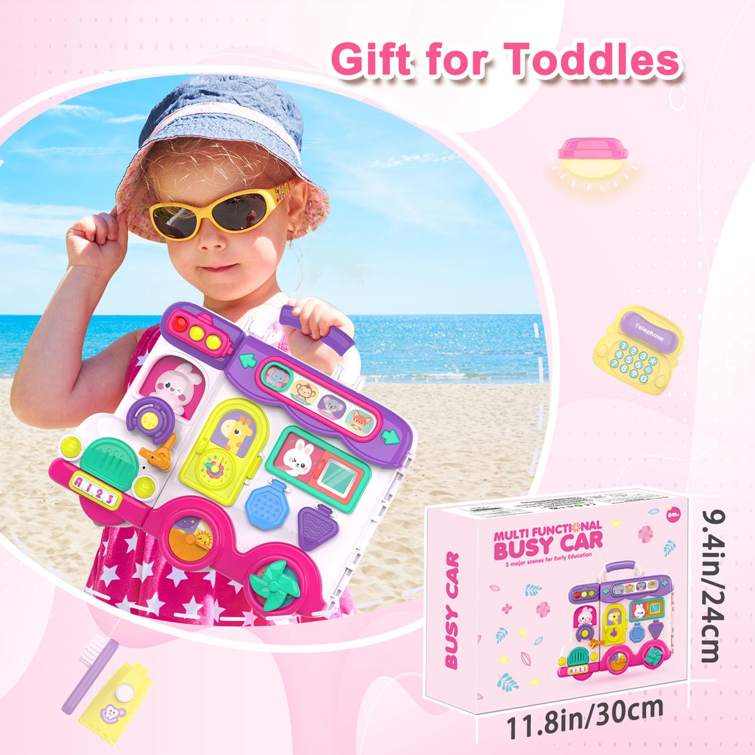 Montessori Busy Board for Toddlers 1-3 Years - Educational Fine Motor Skills Toy with Music for 12-18 Month Old Babies - Perfect Birthday Gift for 1+ Year Old Girls - Great for Preschool Learning & Travel Activities
