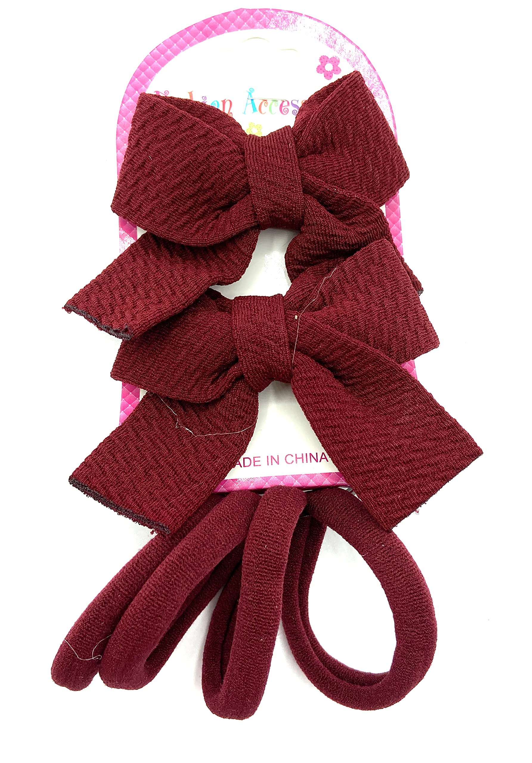 6 Piece Girls Hair Accessories Set - Soft Bow Clips & Ponytail Holders for School, Parties & Everyday Wear (Burgundy) | Cute Hair Bands for Toddlers & Kids