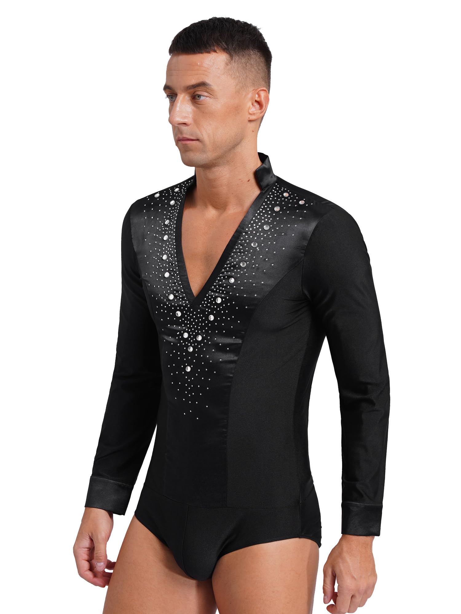 Sparkling Rhinestone Men's Figure Skating Dance Shirt - Long Sleeve Ballroom Samba Latin Dance Top Leotard for Performance & Competition