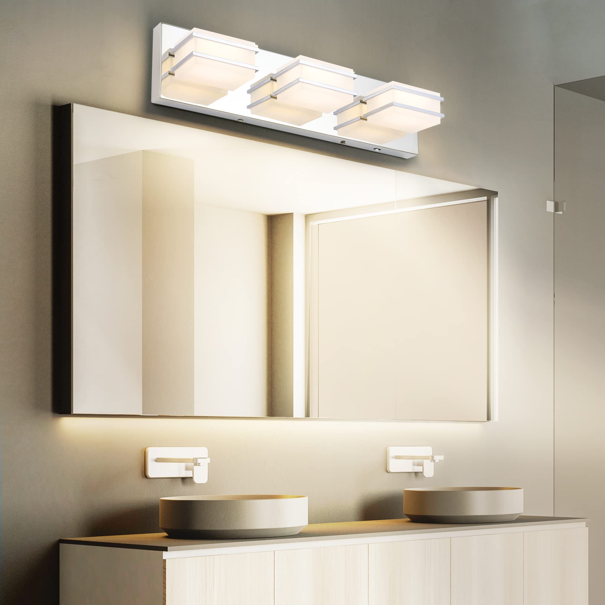 3-Light Dimmable LED Bathroom Vanity Lighting Fixture with Chrome Finish & Acrylic Shade - Adjustable 3000K-6000K Color Temperature - ETL Certified for Bathroom Mirror & Makeup Area