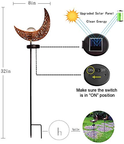 Solar Powered Moon Flame Shaped Garden Lights - Crackle Glass Globe, Waterproof LED Landscape Lighting for Lawn, Pathway, Patio & Courtyard - Outdoor Stake Lights for Romantic Ambiance & Nighttime Decoration