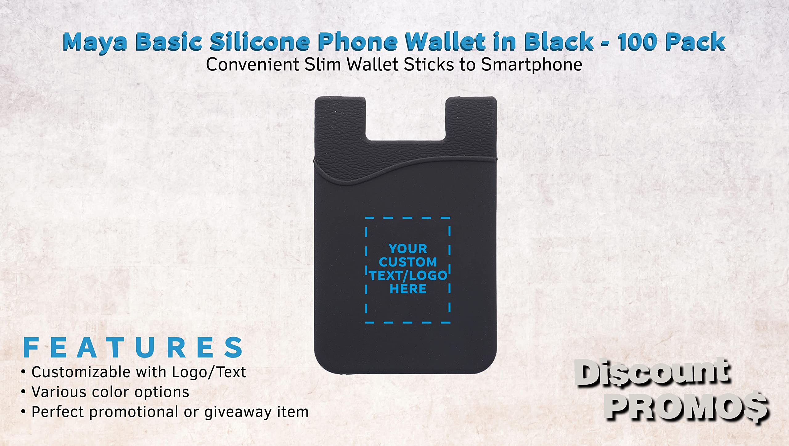 Customizable Black Maya Basic Silicone Phone Wallets Set - Strong Adhesive Card Holder with Logo/Text - Standard Size (100 Pack) - Perfect for Business Promotions, Events & Daily Use