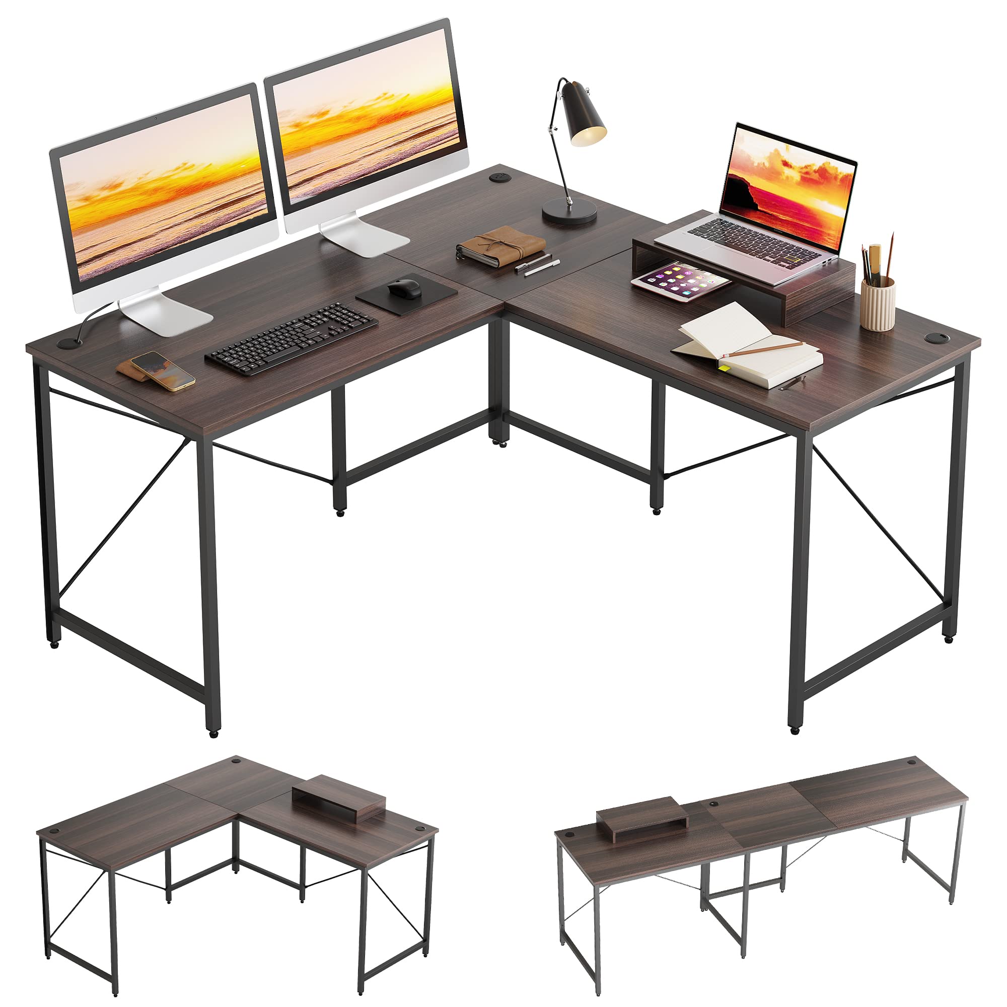 Bestier 95.2 Inch L-Shaped Desk - Large Corner Computer Desk for 2 Person Home Office, Reversible Gaming Workstation with Monitor Stand & Cable Management - Perfect for Remote Work, Online Classes & Crafting (Brown)