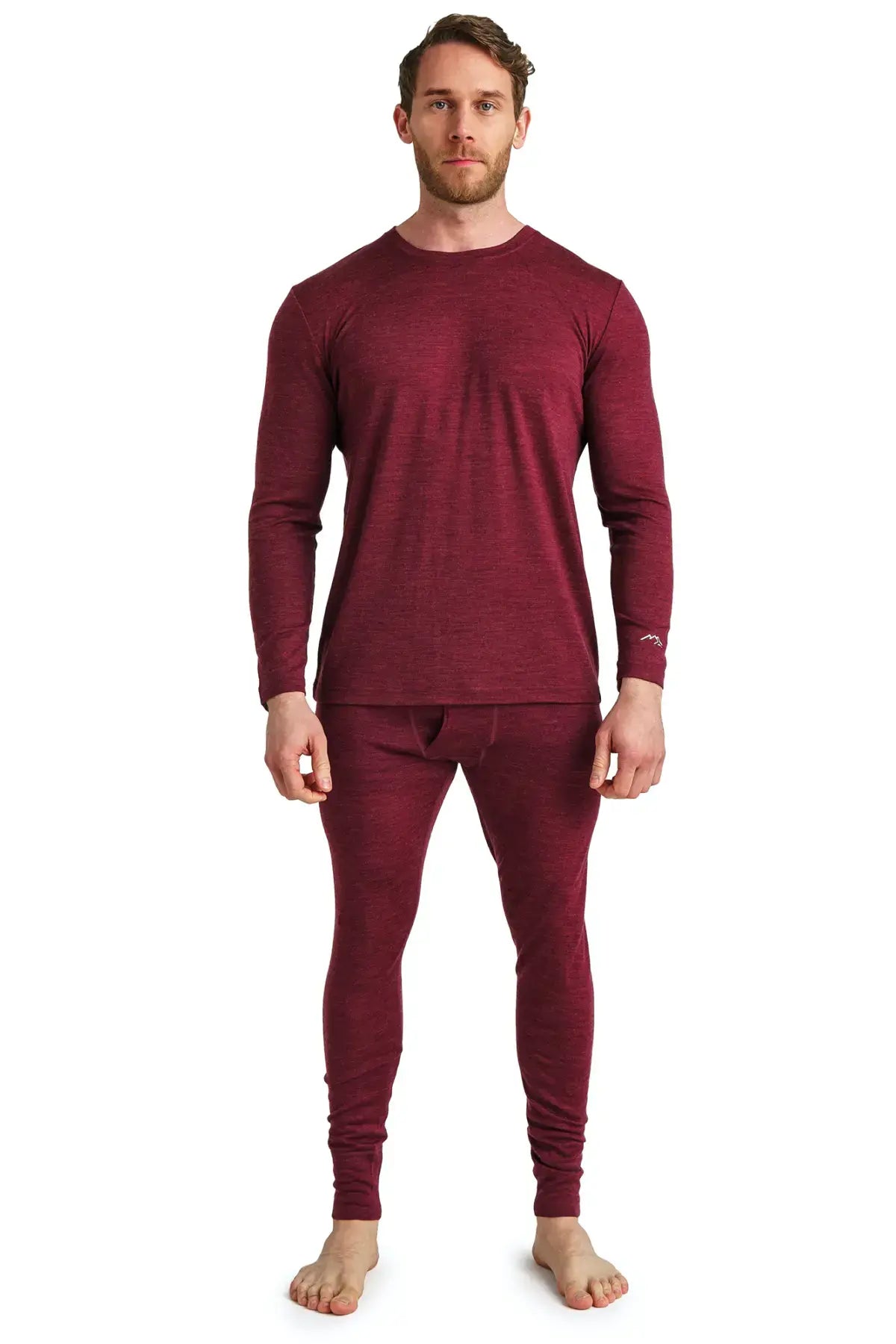 Men's Merino Wool Thermal Underwear Set - 165 Burgundy Red Base Layer for Cold Weather Hiking, Skiing & Winter Sports