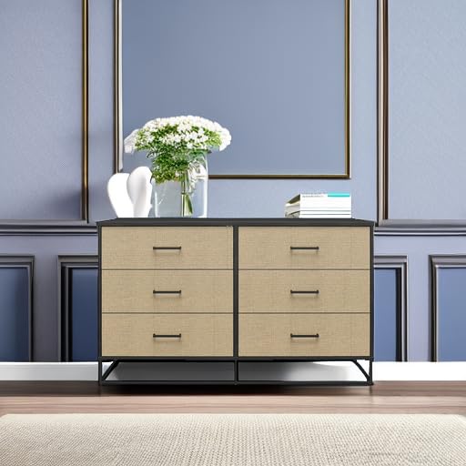 Novogratz Kelly 6-Drawer Dresser - Faux Rattan & Black Oak Finish - Modern Bedroom Storage Furniture for Clothes, Linens & Accessories - Perfect for Master Bedroom, Guest Room or Dorm Organization