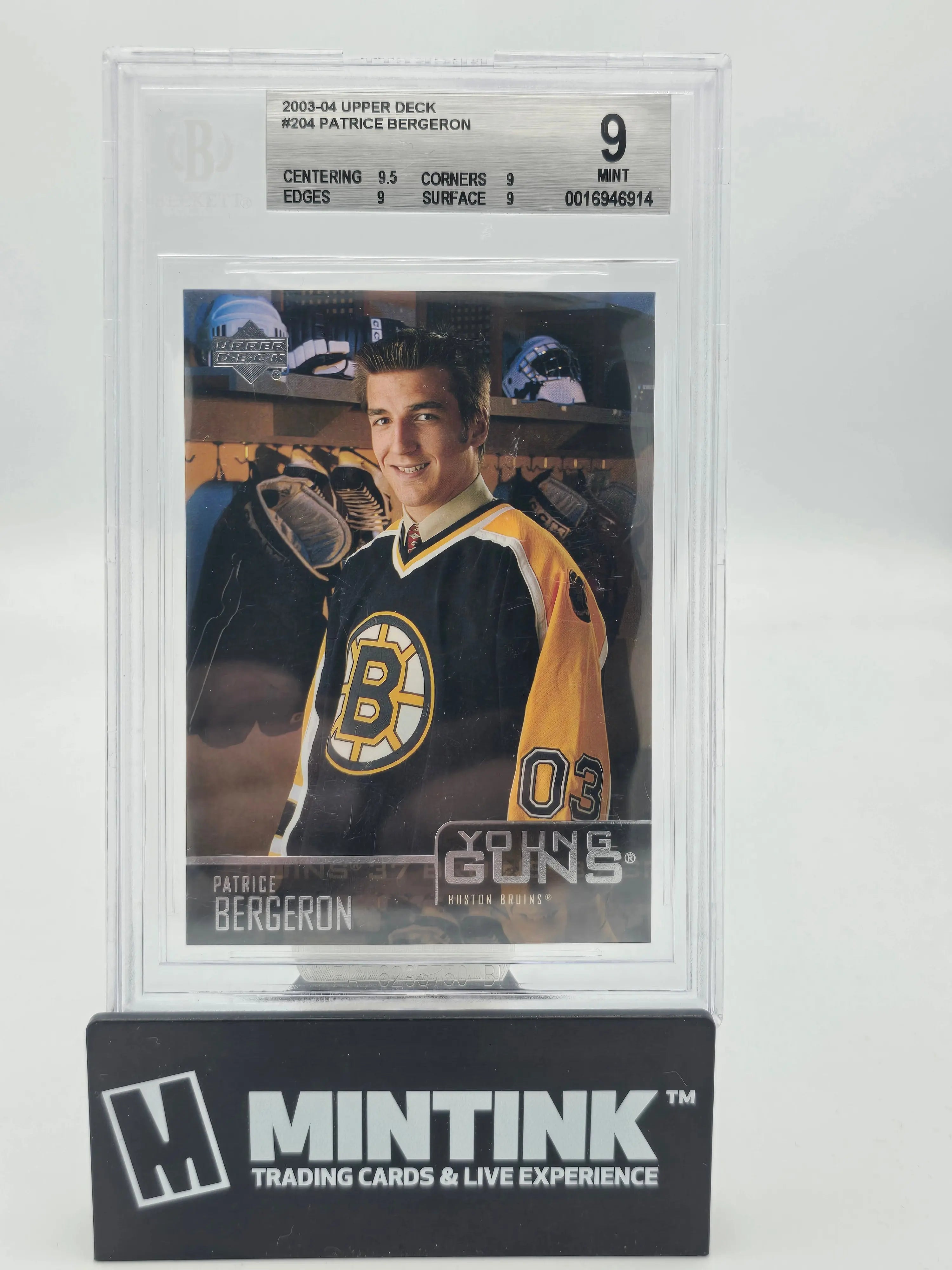2003-04 Upper Deck Patrice Bergeron Young Guns Rookie Card BGS 9 Mint - Perfect for Hockey Collectors & Boston Bruins Fans - Display in Home Office or Man Cave