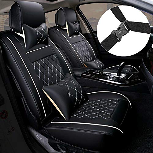 Premium Universal PU Leather Car Seat Cover Full Set - 5-Seat Front & Rear Cushions with Pillows for SUV, Truck, Van | All-Weather Protection & Comfort (Black/White Line) | Perfect for Daily Commute, Road Trips & Family Travel