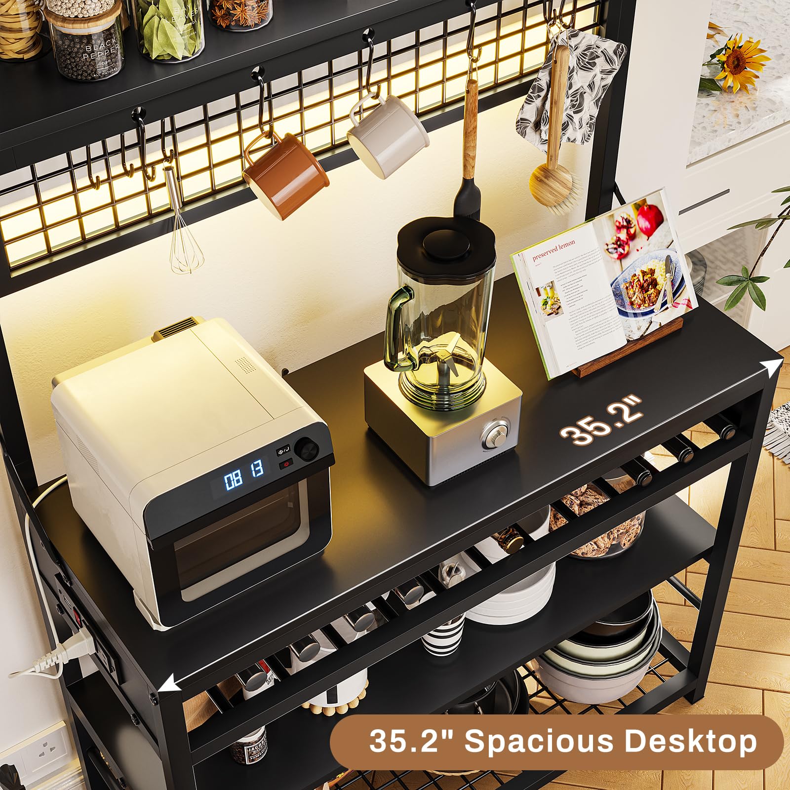 **Itaar 6-Tier Bakers Rack with Power Outlet, Coffee Bar & Microwave Stand – Includes Wine Rack, LED Lights & 10 Hooks – Kitchen Storage Organizer for Small Spaces, Black – Perfect for Coffee Stations, Pantry Organization & Home Decor**